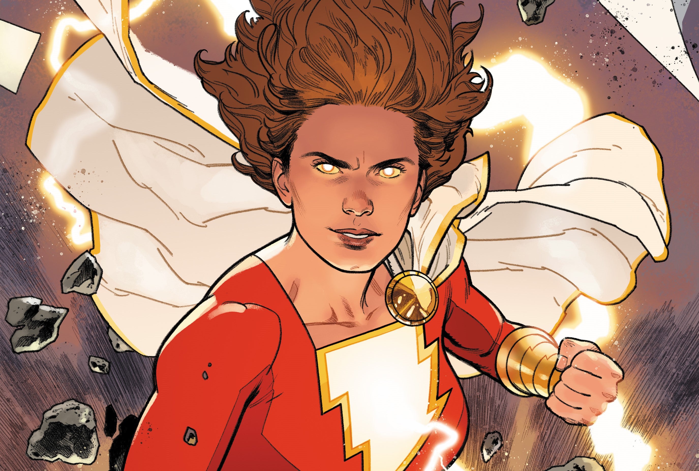 Cropped image of Mary Marvel surrounded by lightning in a fight pose