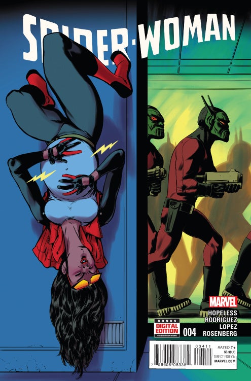 Cover of Spider Woman, featuring Spider Woman hanging upside down