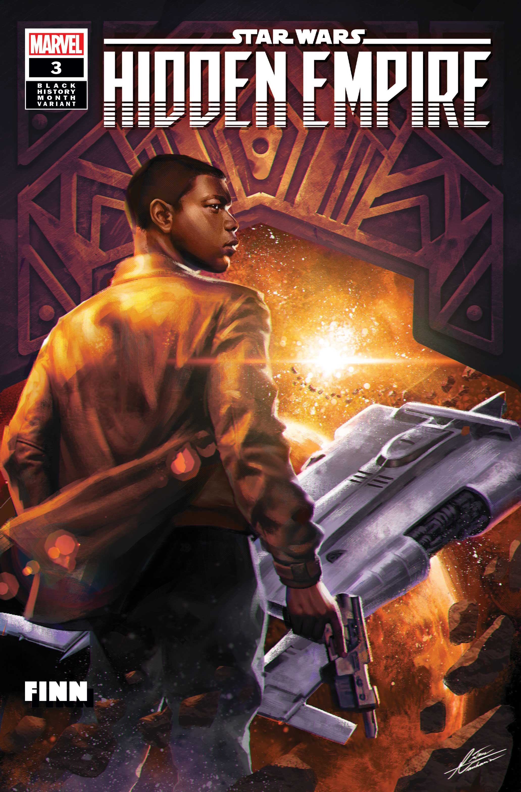Cover of comic for Hidden Empire feaurting Finn holding a blaster turning back, in front of him is a large spaceship