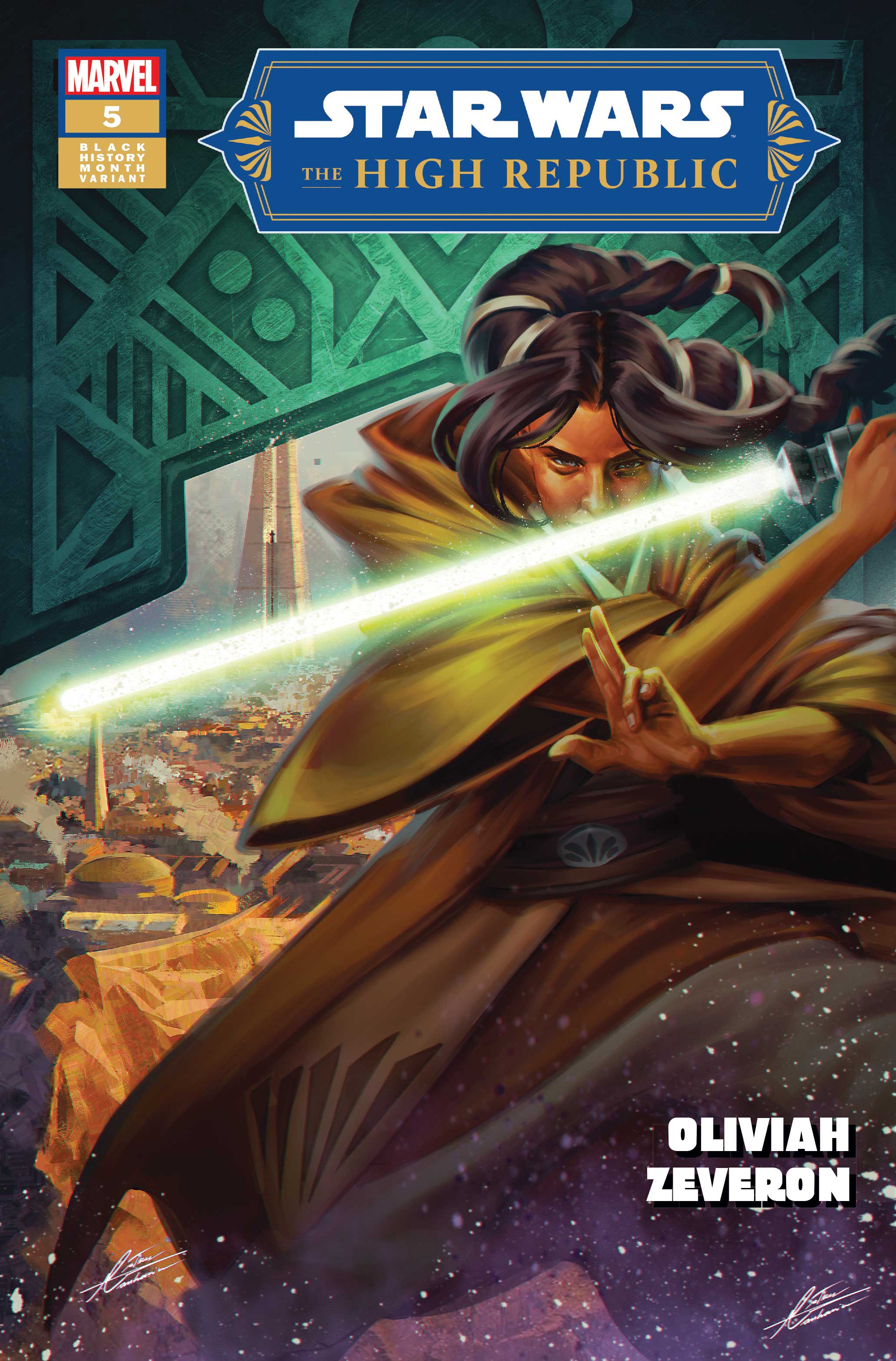 Cover featuring Oliviah Zeveron in Jedi robes holding a green lightsaber