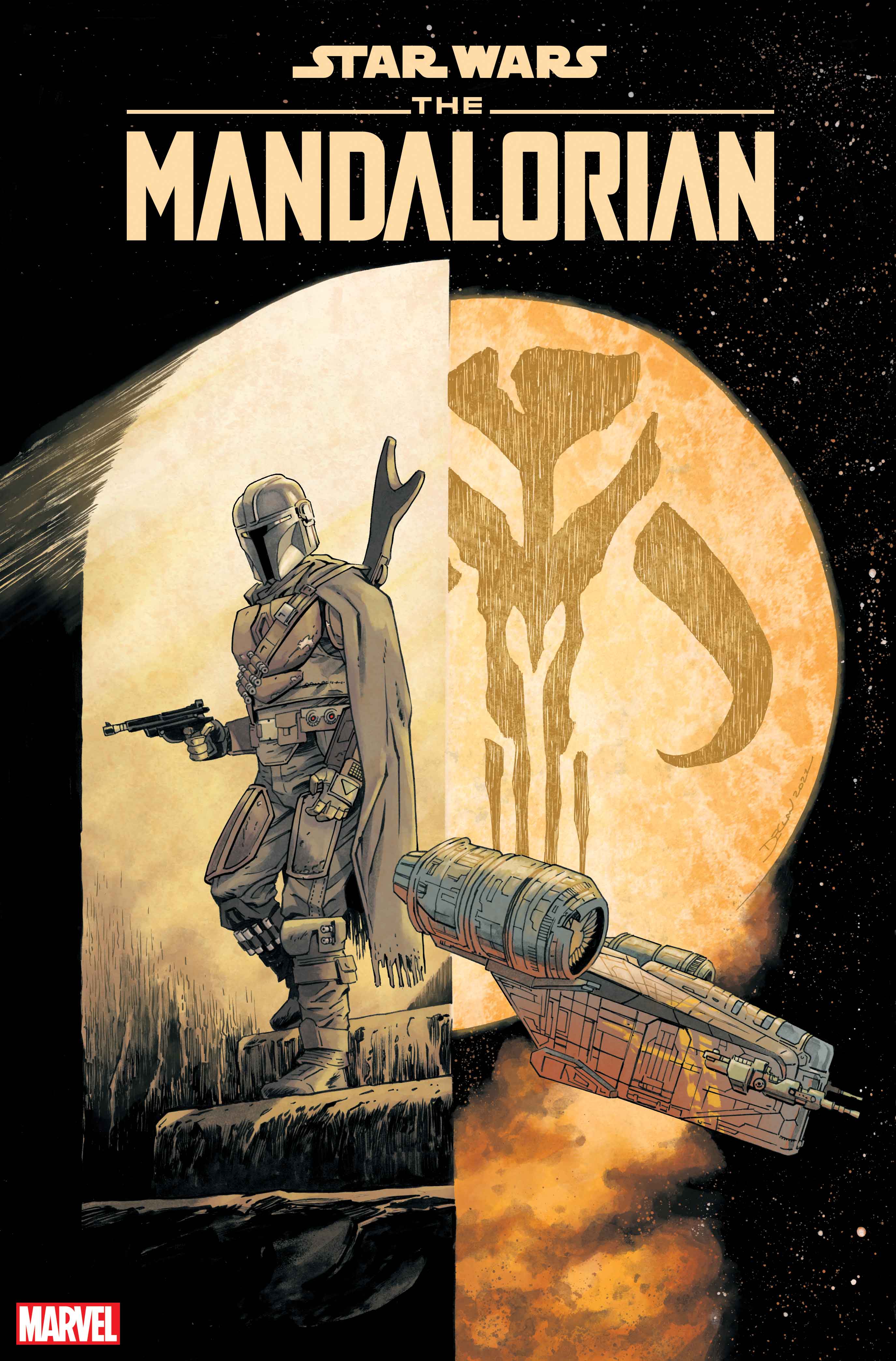 Declan Shalvey variant Star Wars: The Mandalorian issue 1, The Mandalorian is on the left holding his blaster and the Razor Crest is on the right