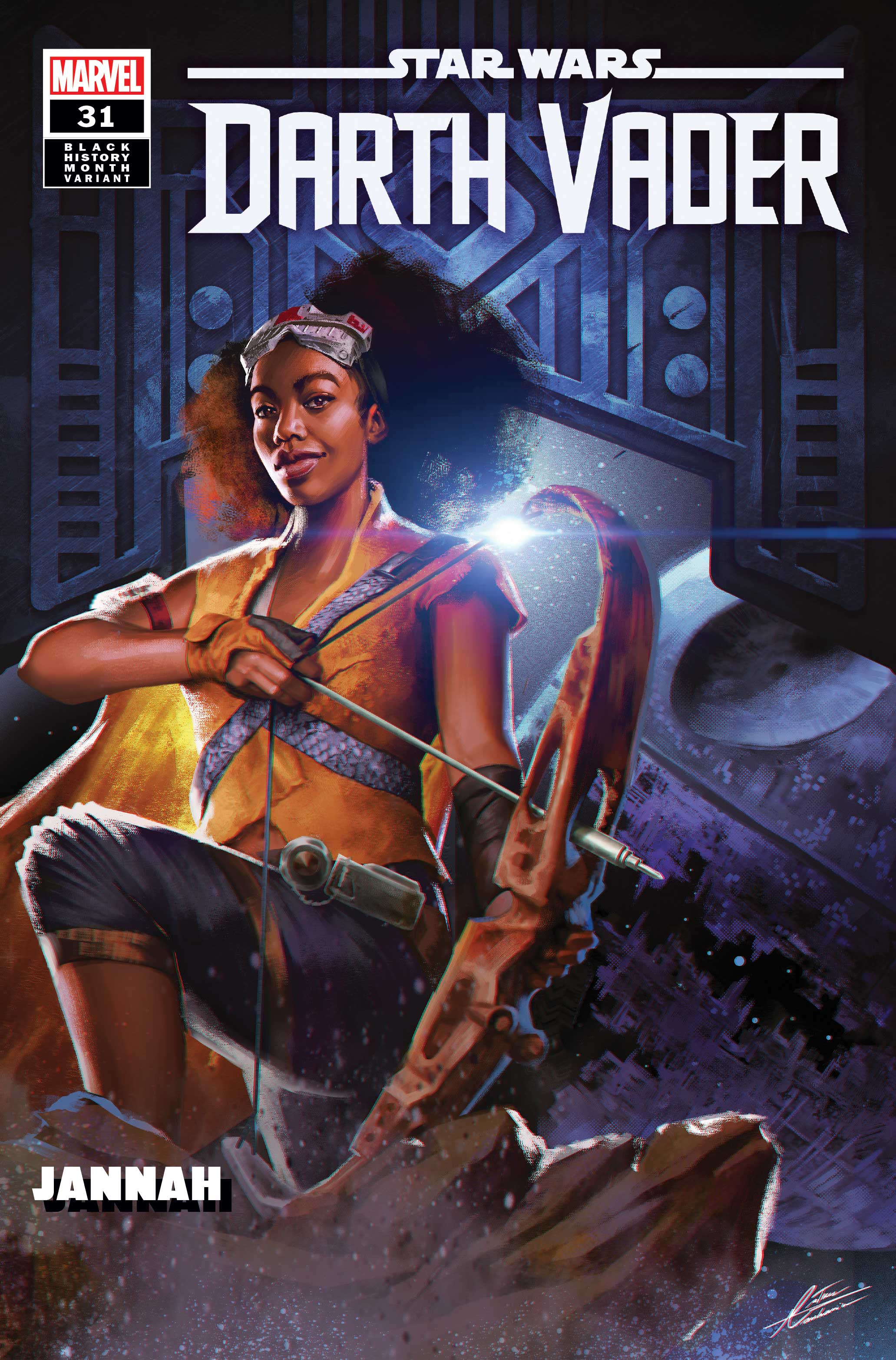 Darth Vader cover featuring Jannah with a bow and arrow as she looks straight forward, the Death Star in the background