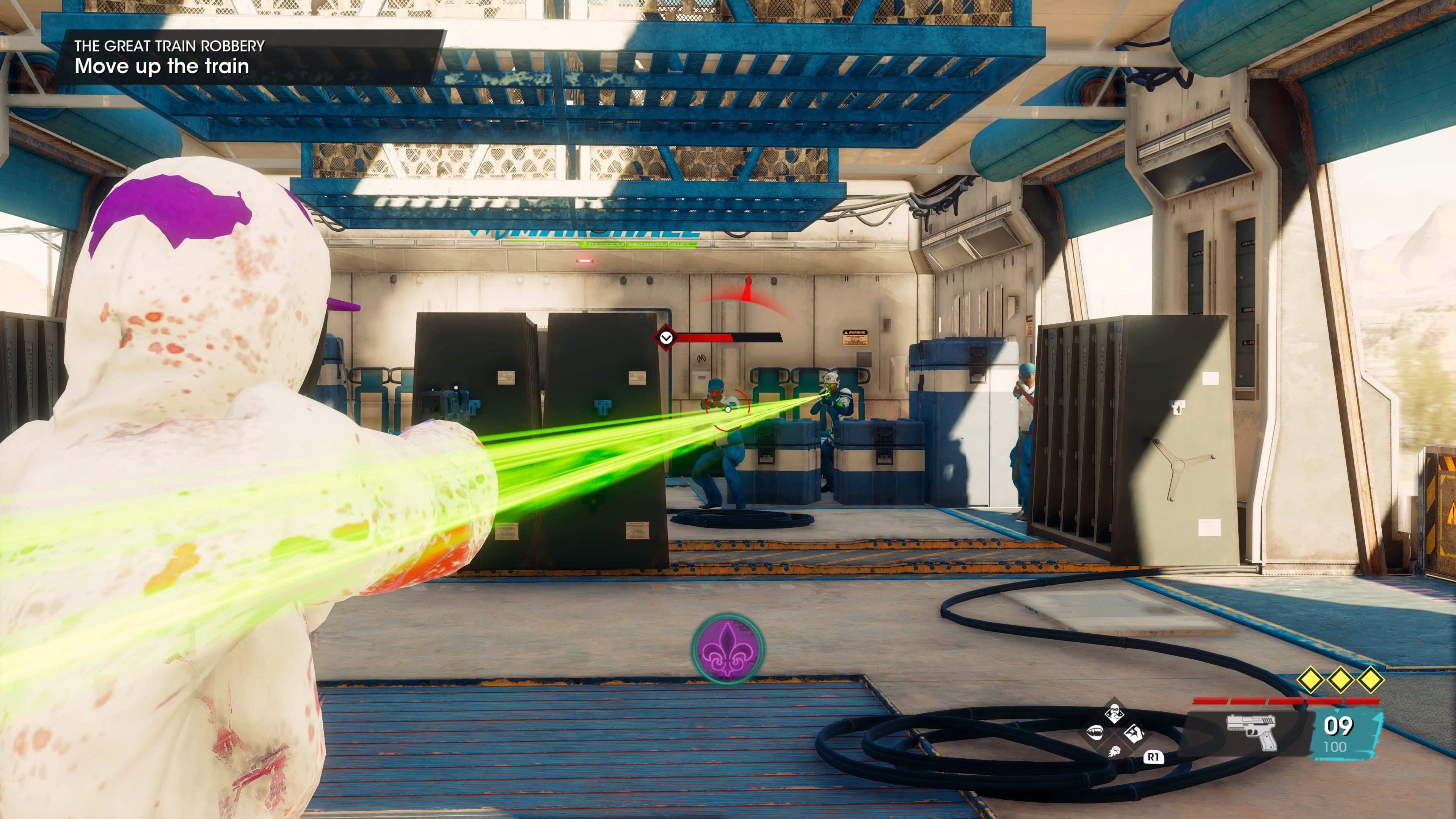 Saints Row review - over the shoulder combat inside a train, getting shot at with a green laser