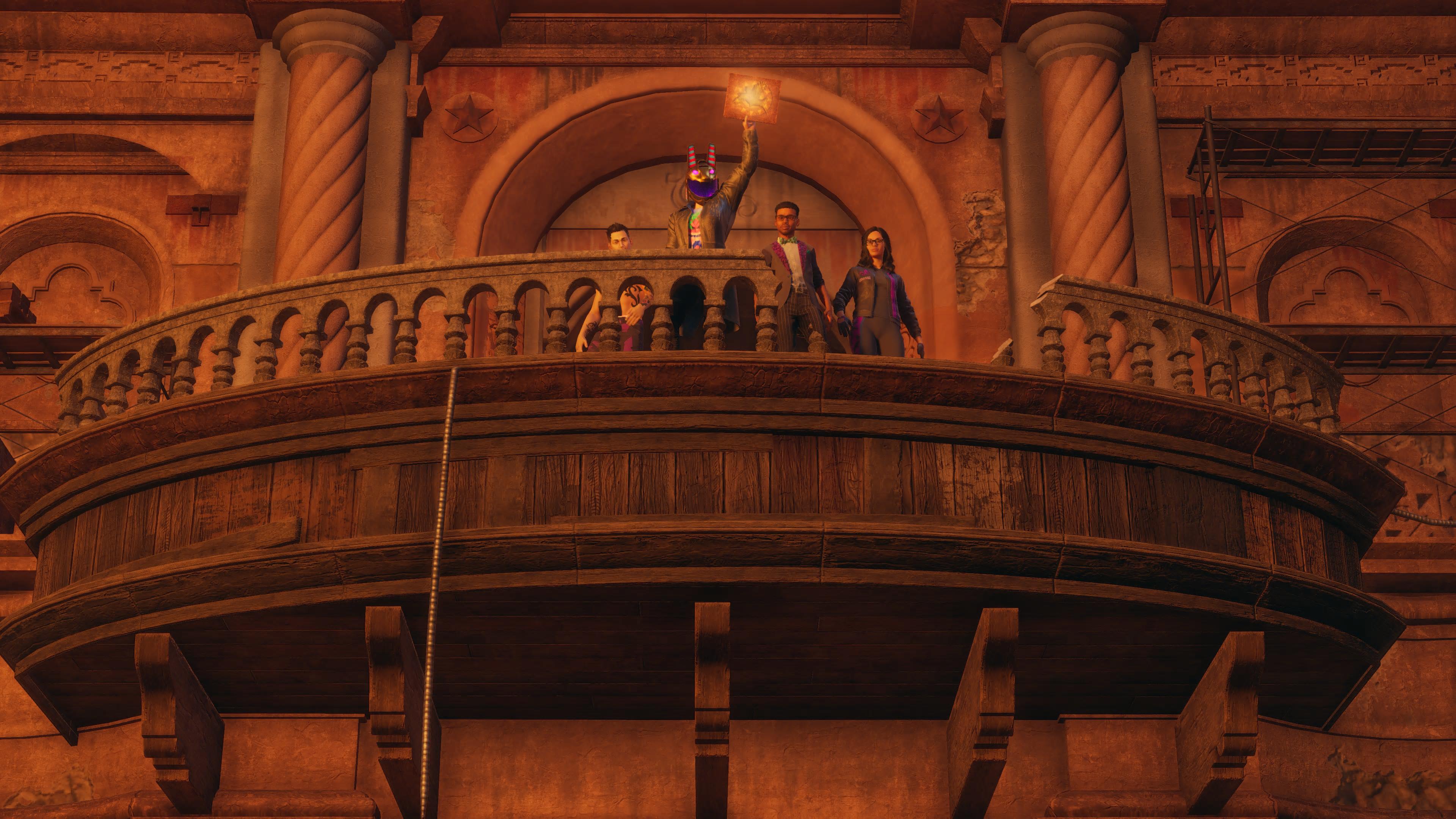 Saints Row review - a custscene still of a character on a balcony