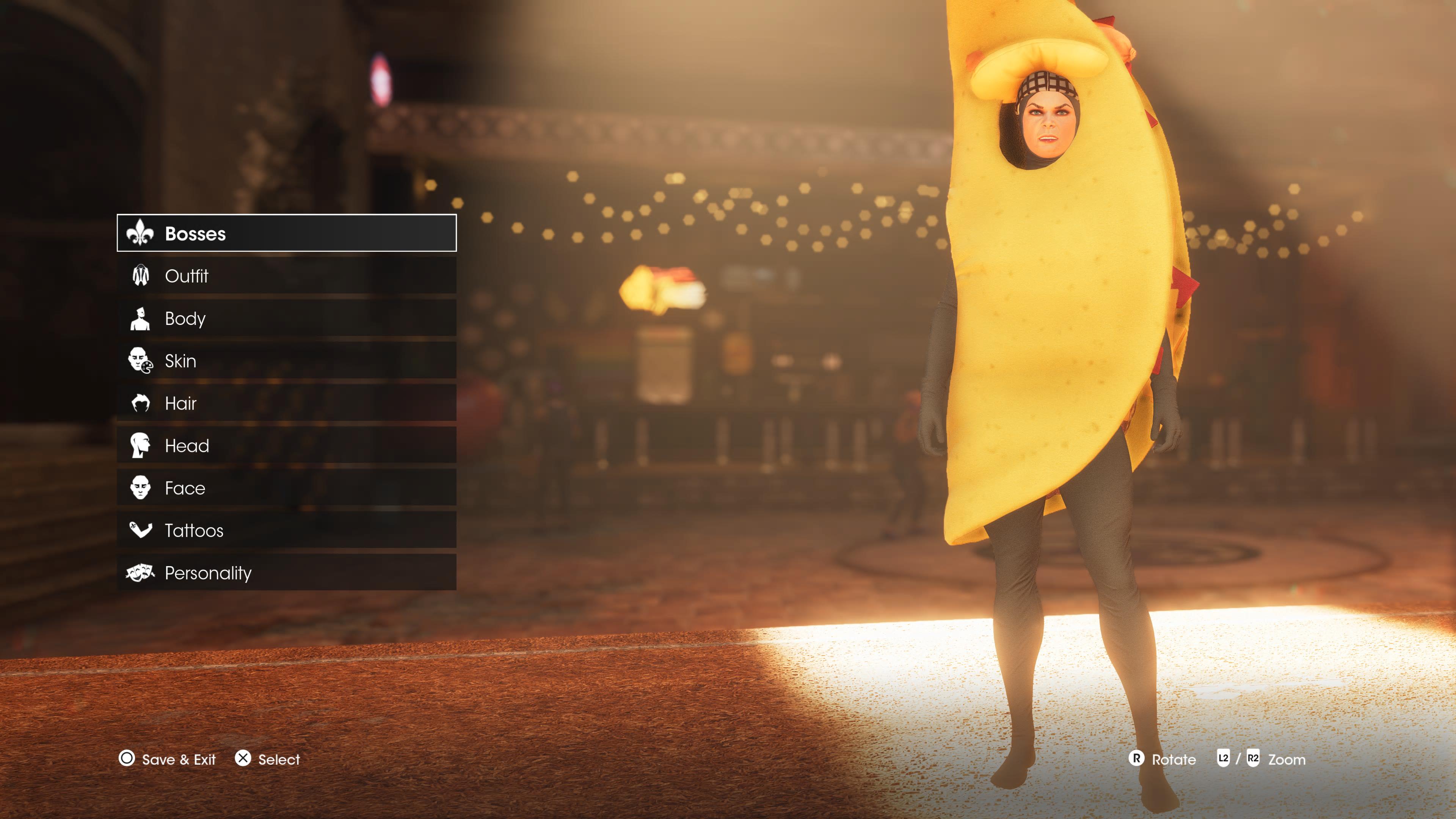 Saints Row review - character customization screen with you wearing a taco outfit