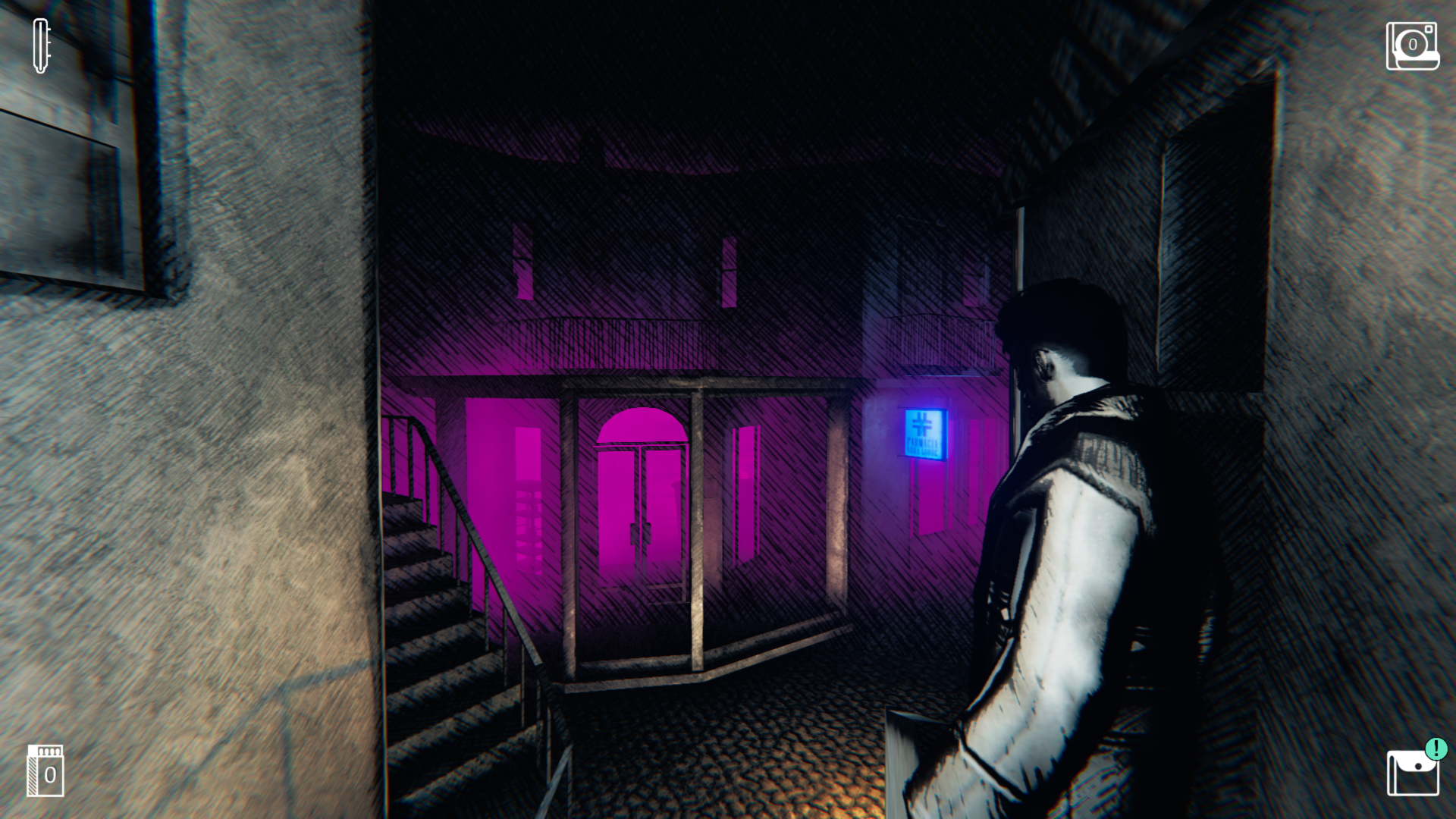 Saturnalia review - a man edges down a grey street lit in glowing pink