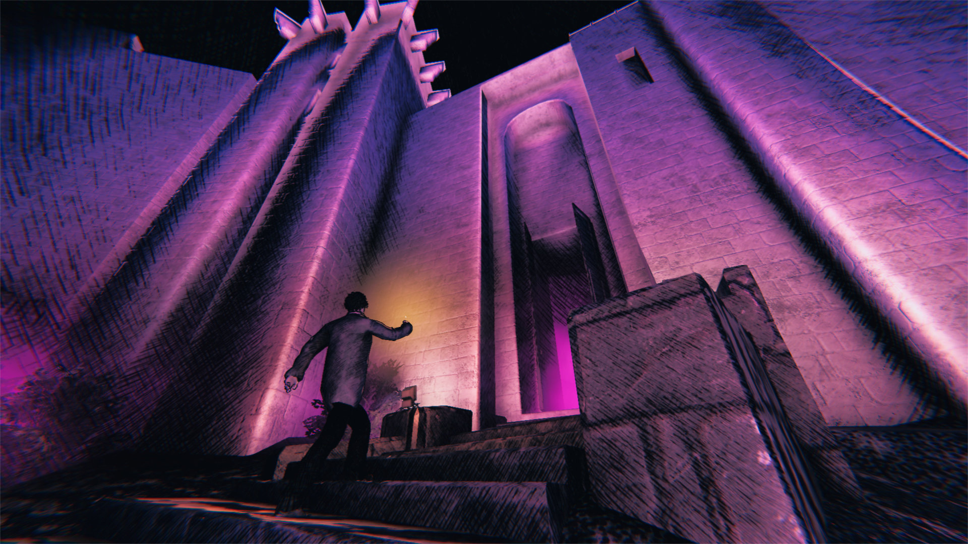 Saturnalia review - a character approaches a the door of a towering building in pink light