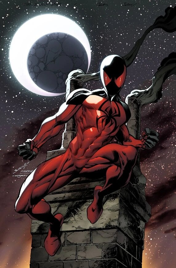 Scarlet Spider leaning against a chimney with the moon in the back