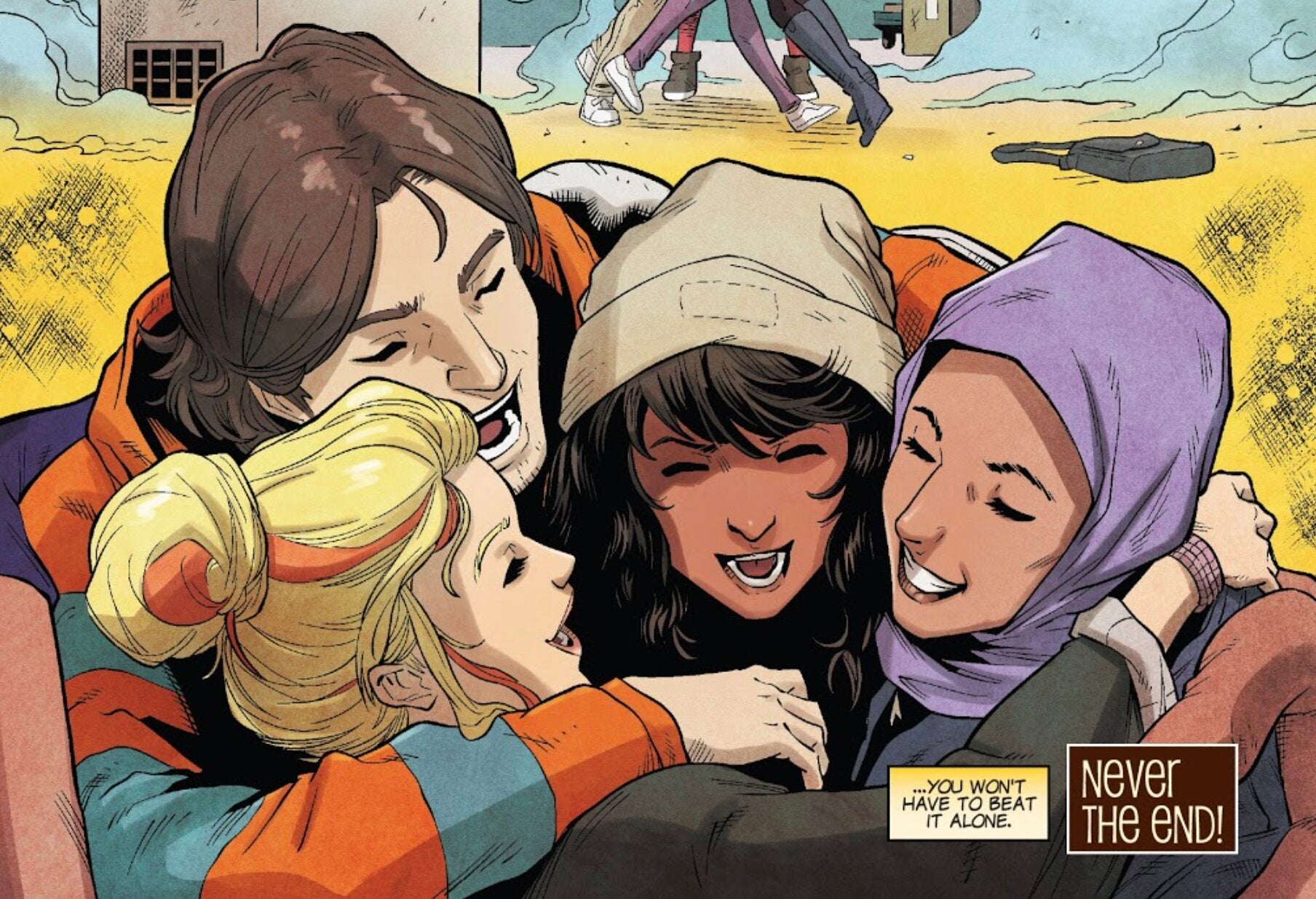Image from Ms. Marvel comic of Kamala Khan and friends hugging. Caption reads: you won't have to beat it alone! Artist: Adrian Alphona