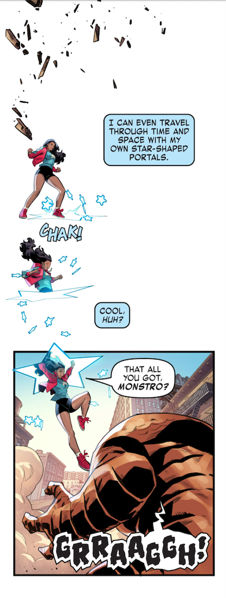 Multiple panels from scrolling webcomic featuring America Chavez