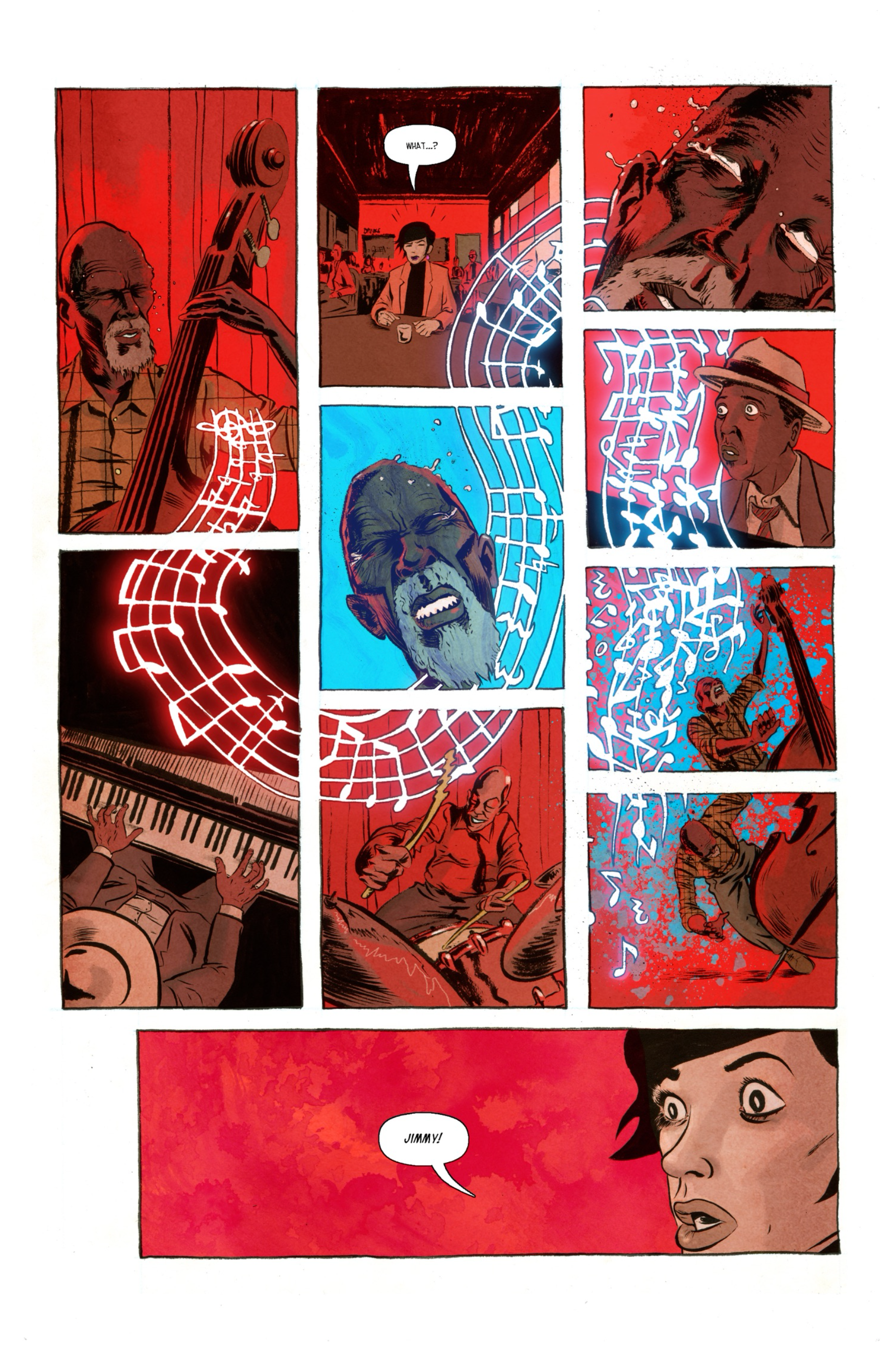 One page of panels, featuring Jimmy playing music and dropping his cello