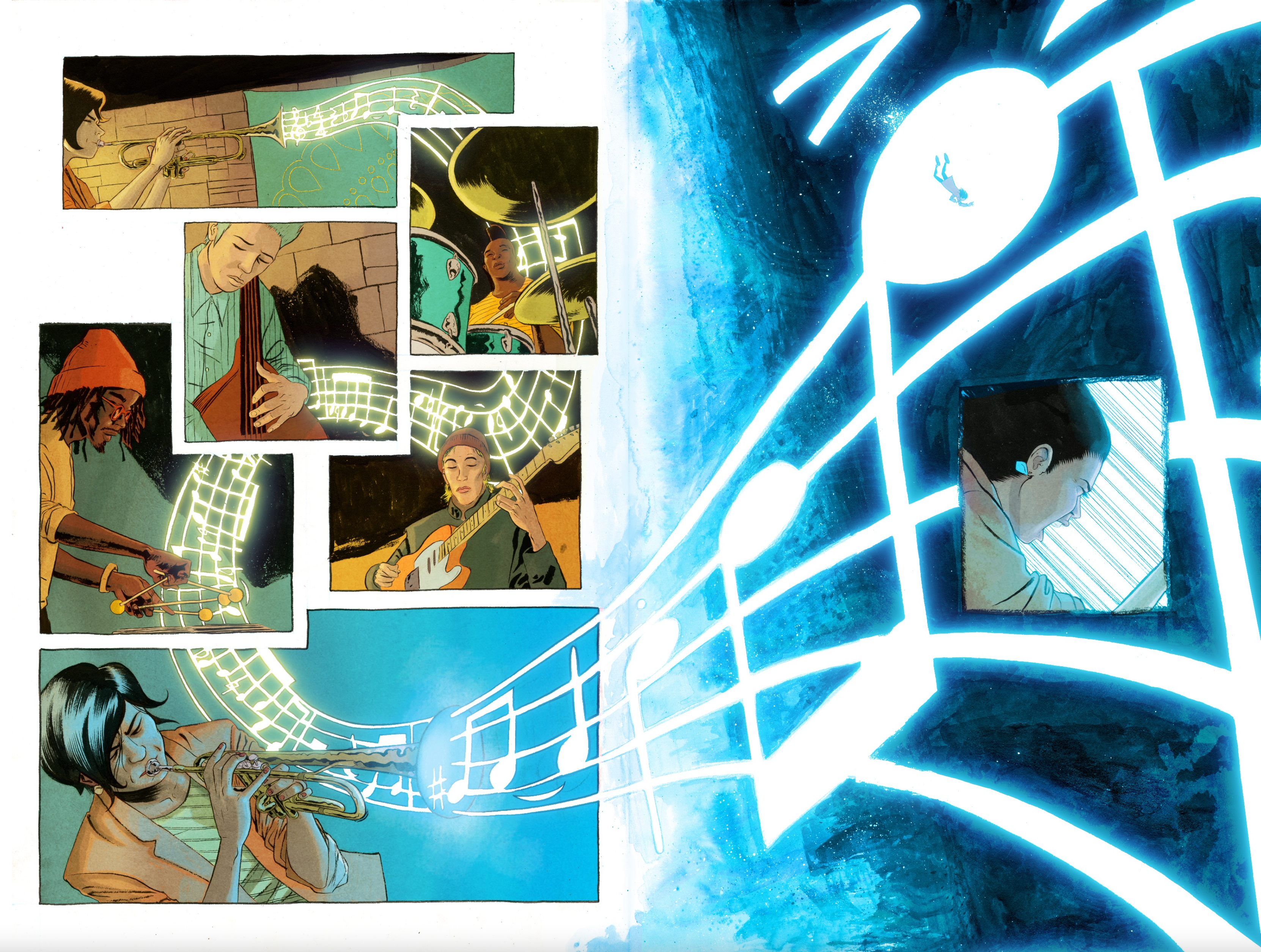 Two page spread from Into the Blue featuring Sam playing the note that takes her into the Blue
