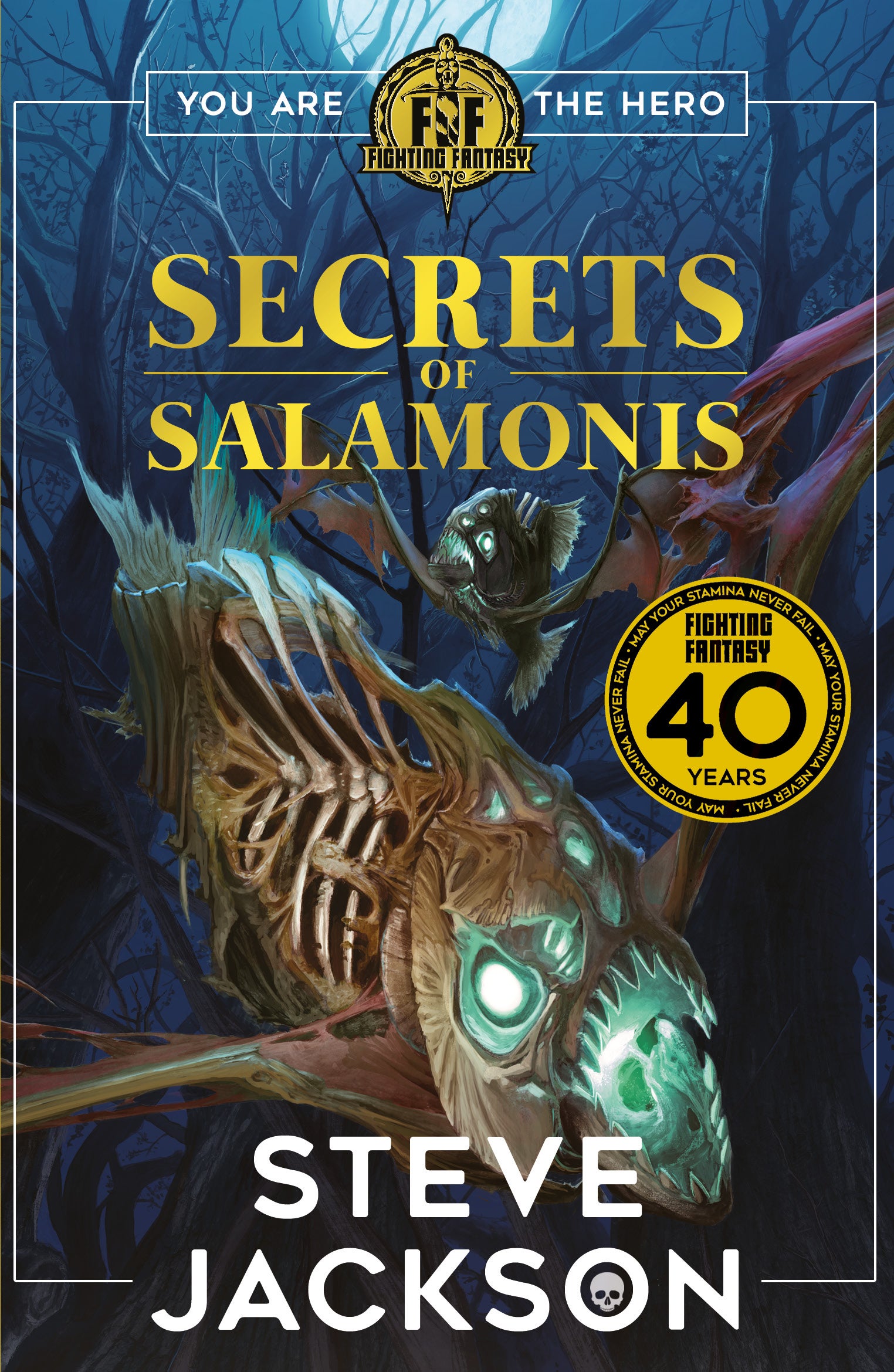The cover of Steve Jackson's new Fighting Fantasy book, Secrets of Salamonis. A magical, skeletal fish swims across the cover.