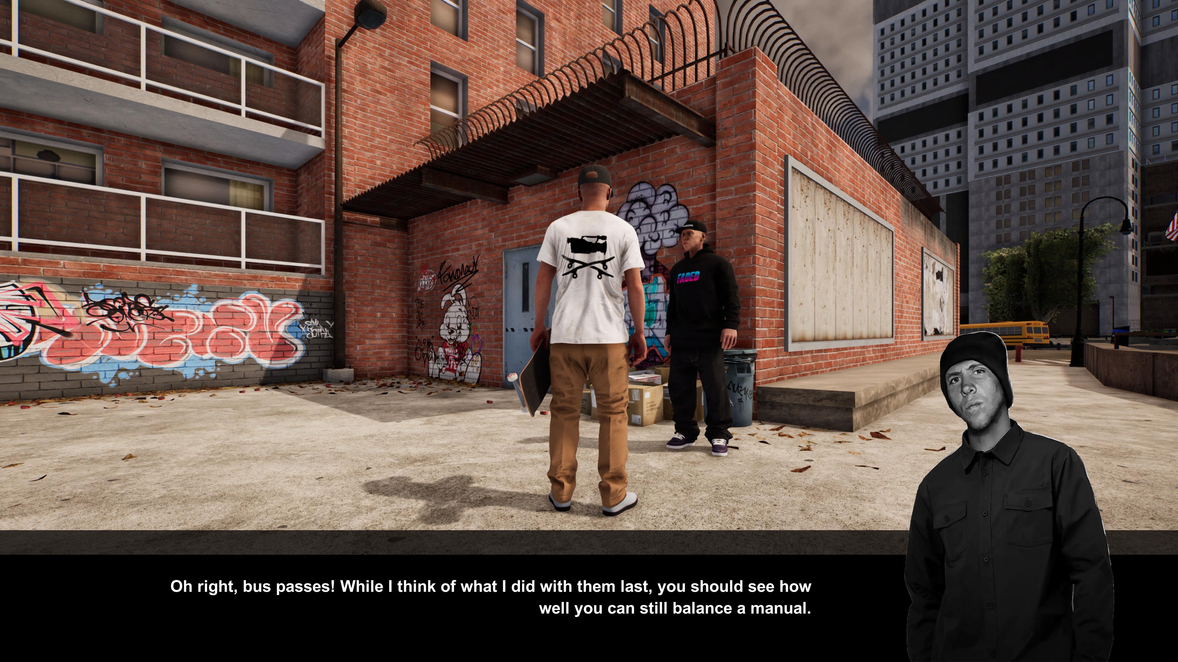 Session Skate Sim review - chatting to an NPC outside a modern red brick building