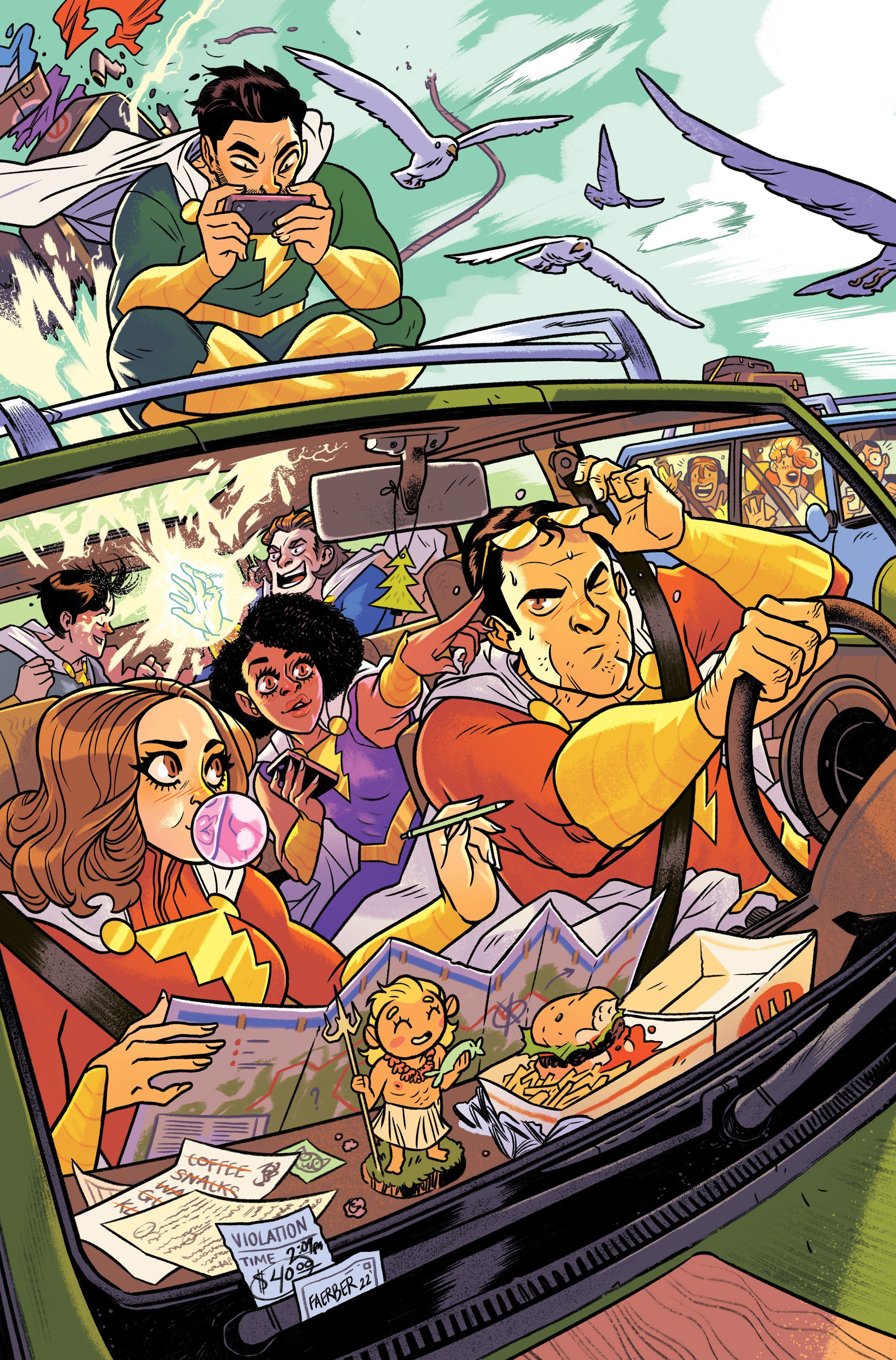 Variant Cover of Shazamily on a roadtrip, in a car, while Mary is reading a map