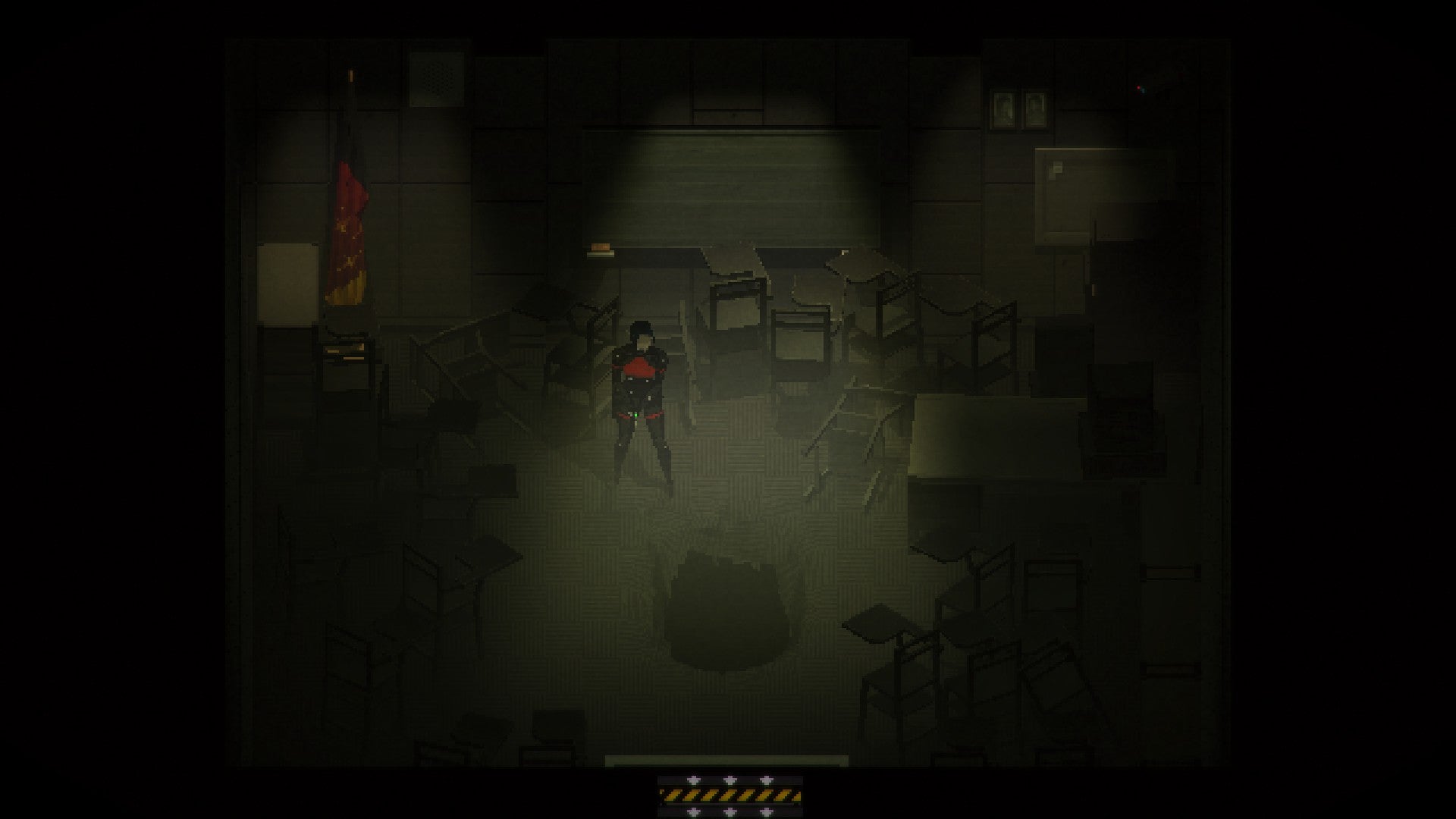 Signalis review - a dark, greenish-hued room with knocked over chairs and a black hole in the middle of the floor