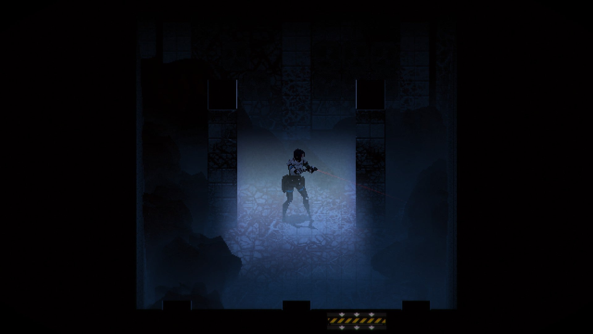 Signalis review - a dark, blue-hued room with Elster pointing a laser-guided handgun