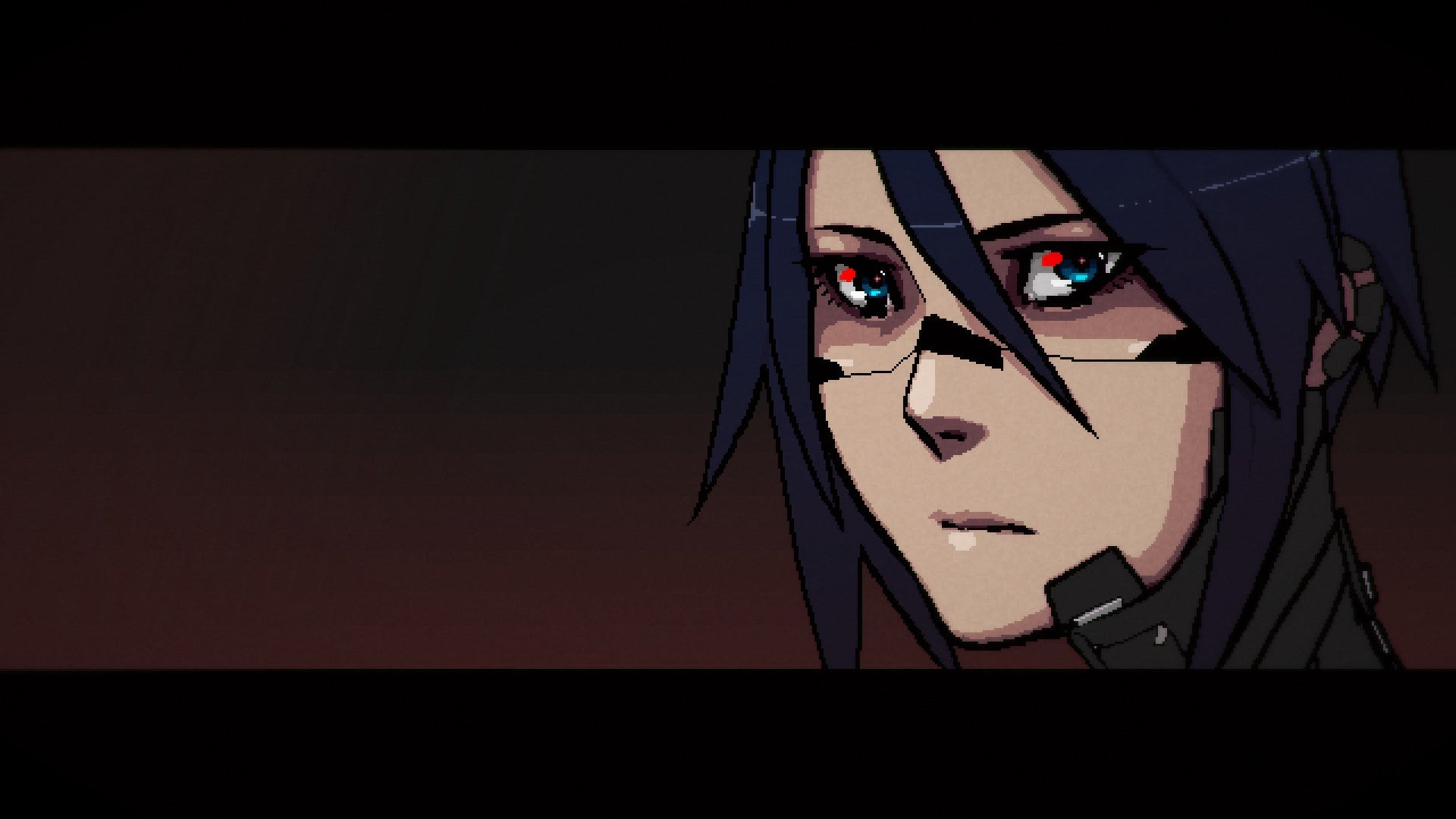 Signalis review - an anime-style closeup of Elster's face looking towards the camera, framed in the right-third of the widescreen view
