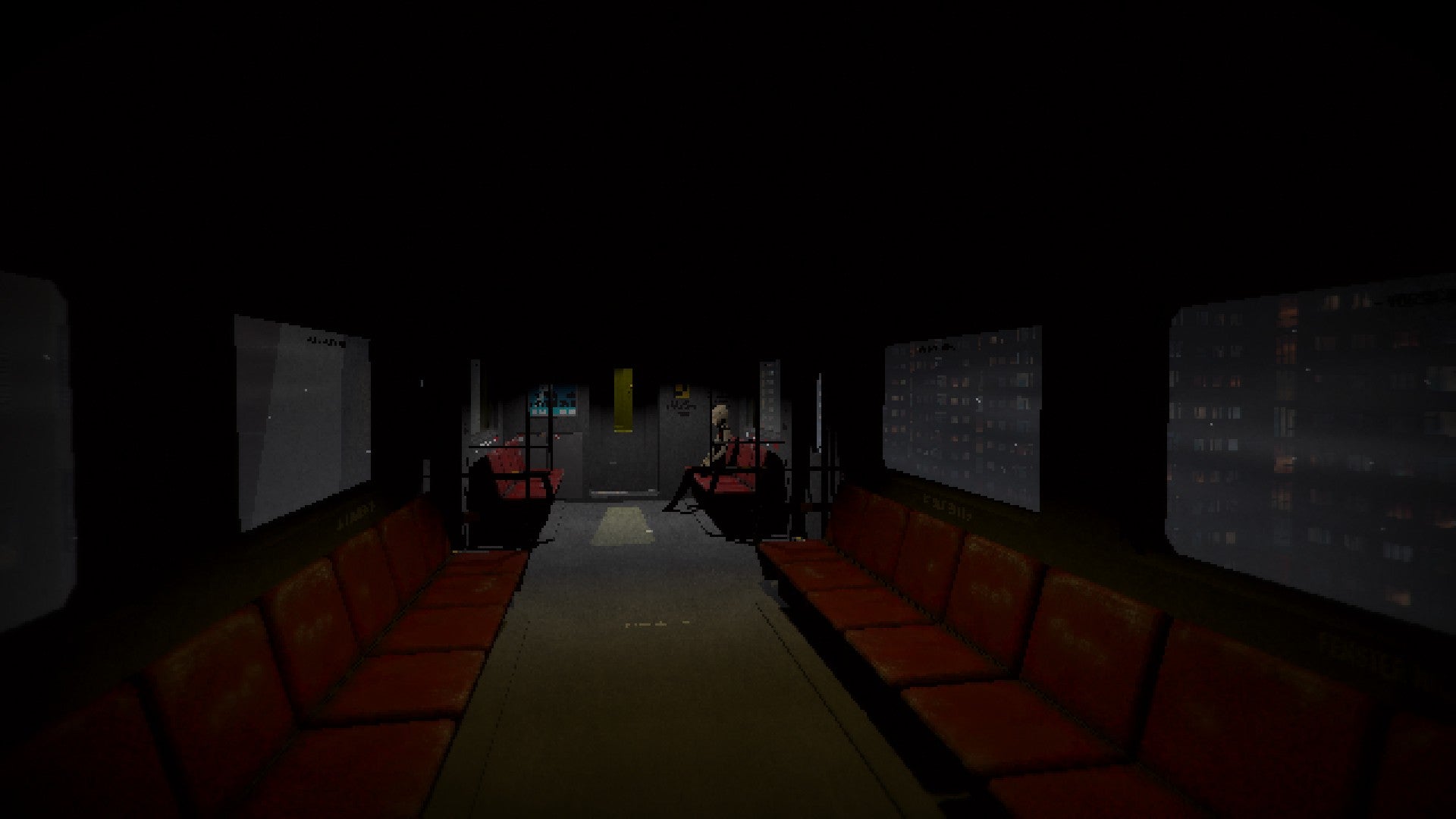 Signalis review - a very dark, futuristic train carriage with faded red seats and one character sat alone at the end, skyscrapers outside.