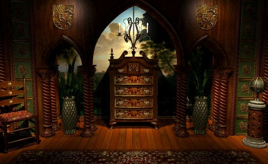 An ornate and densely decorated room with matching mahogany furniture, floors, and spiral pillars