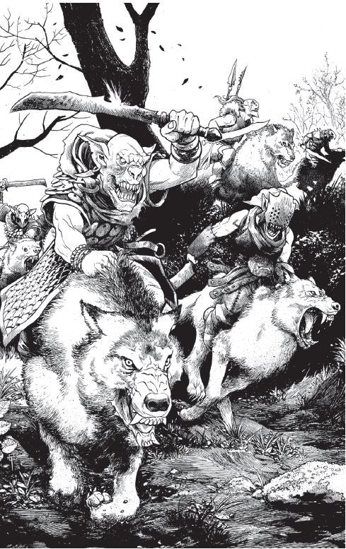A black and white image of angry goblins riding wolves.