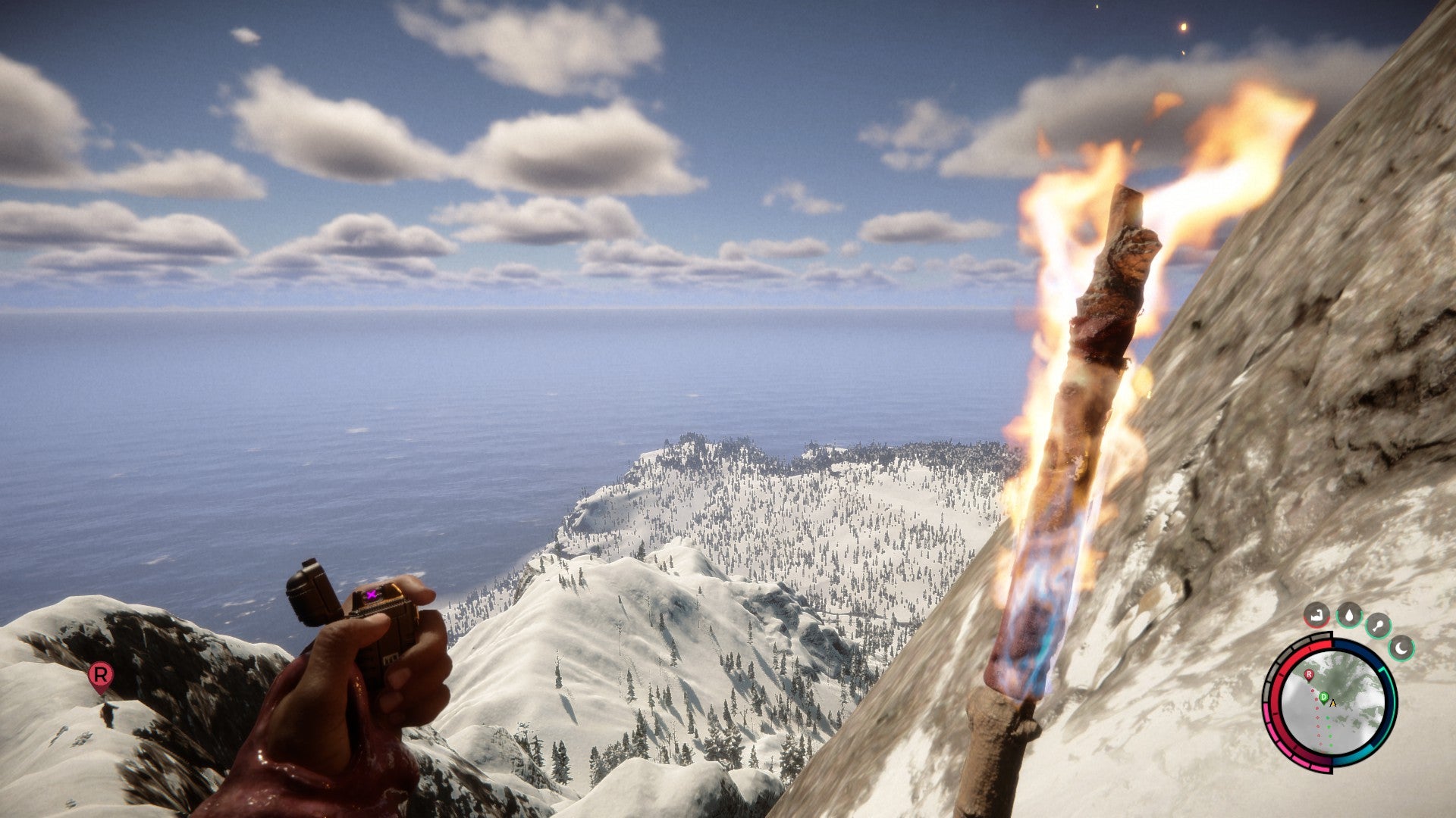 Sons of the forest - holding a flaming torch, looking at the landscape and the sea from the top of the mountain