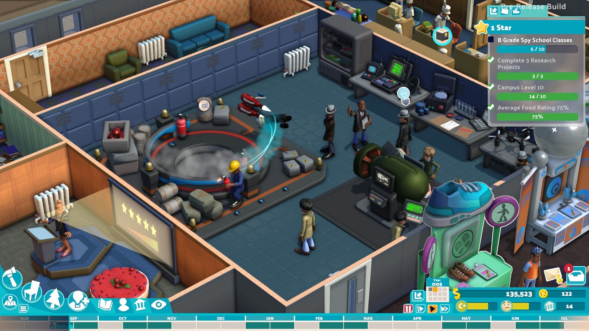 Two Point Campus review - close up of the spy class room with students in trenchcoats looking at an engineer clinging onto a jetpack