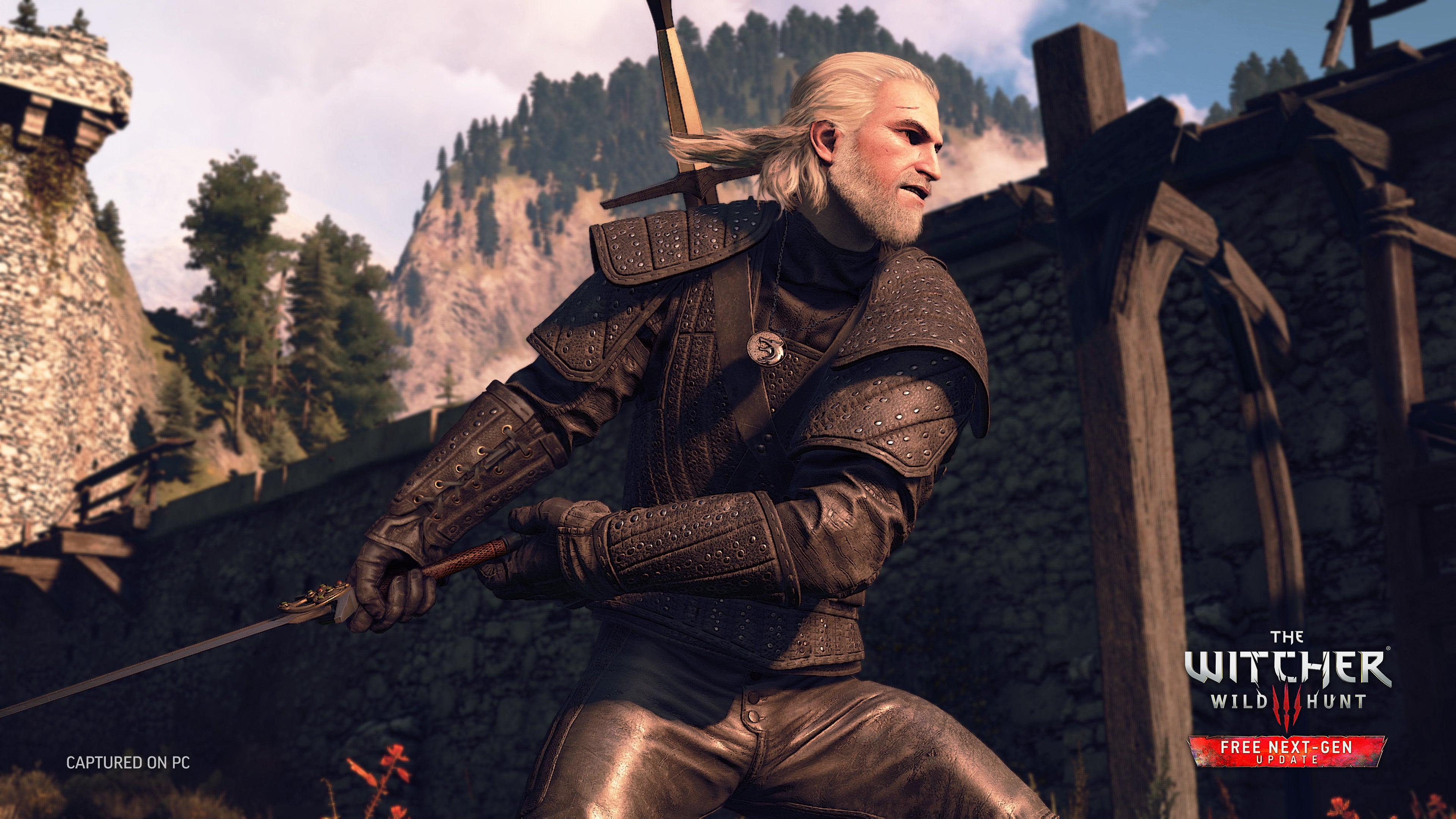 Gim Geralt tetapi dibalut baju besi Netflix Witcher, semuanya kulit hitam seksi dan membara.