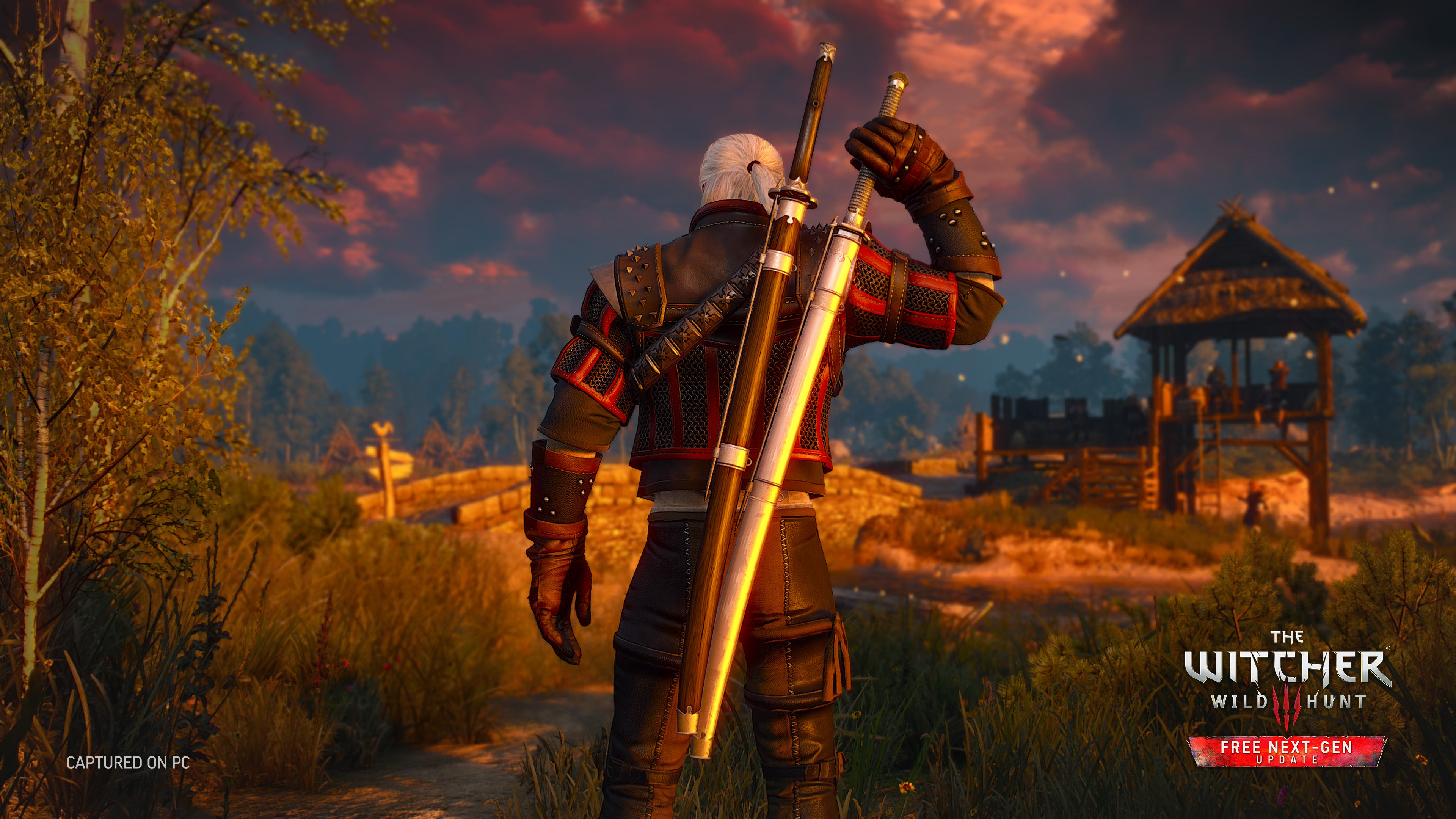 Geralt, back to the camera, lifts one of two Korean-style swords from his back. Someone's evening is about to get ruined.