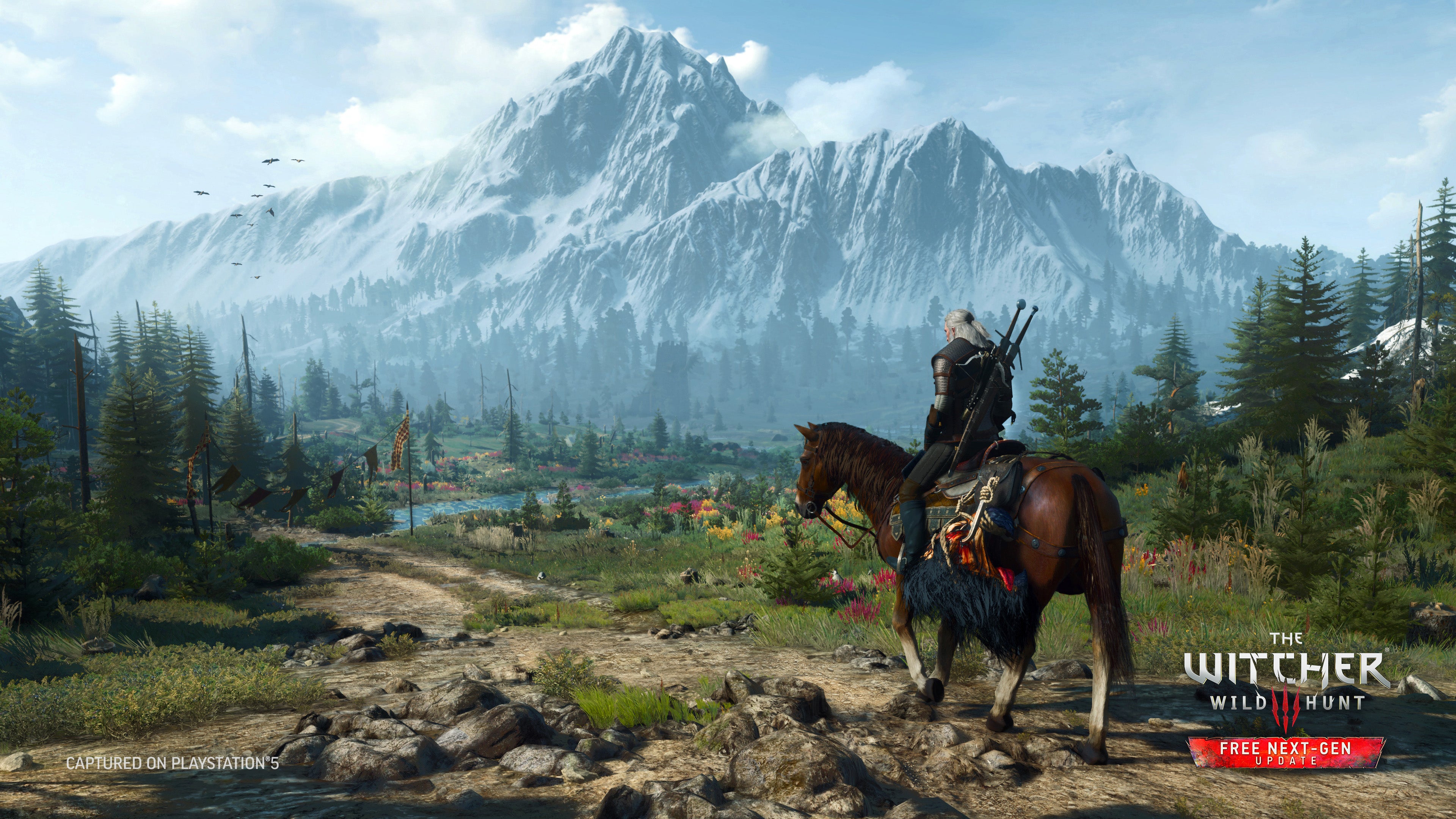 The witcher Geralt on his horse Roach, on a rocky, mountain road, with a snow-capped mountain in the background. I can almost taste the clean air from here.
