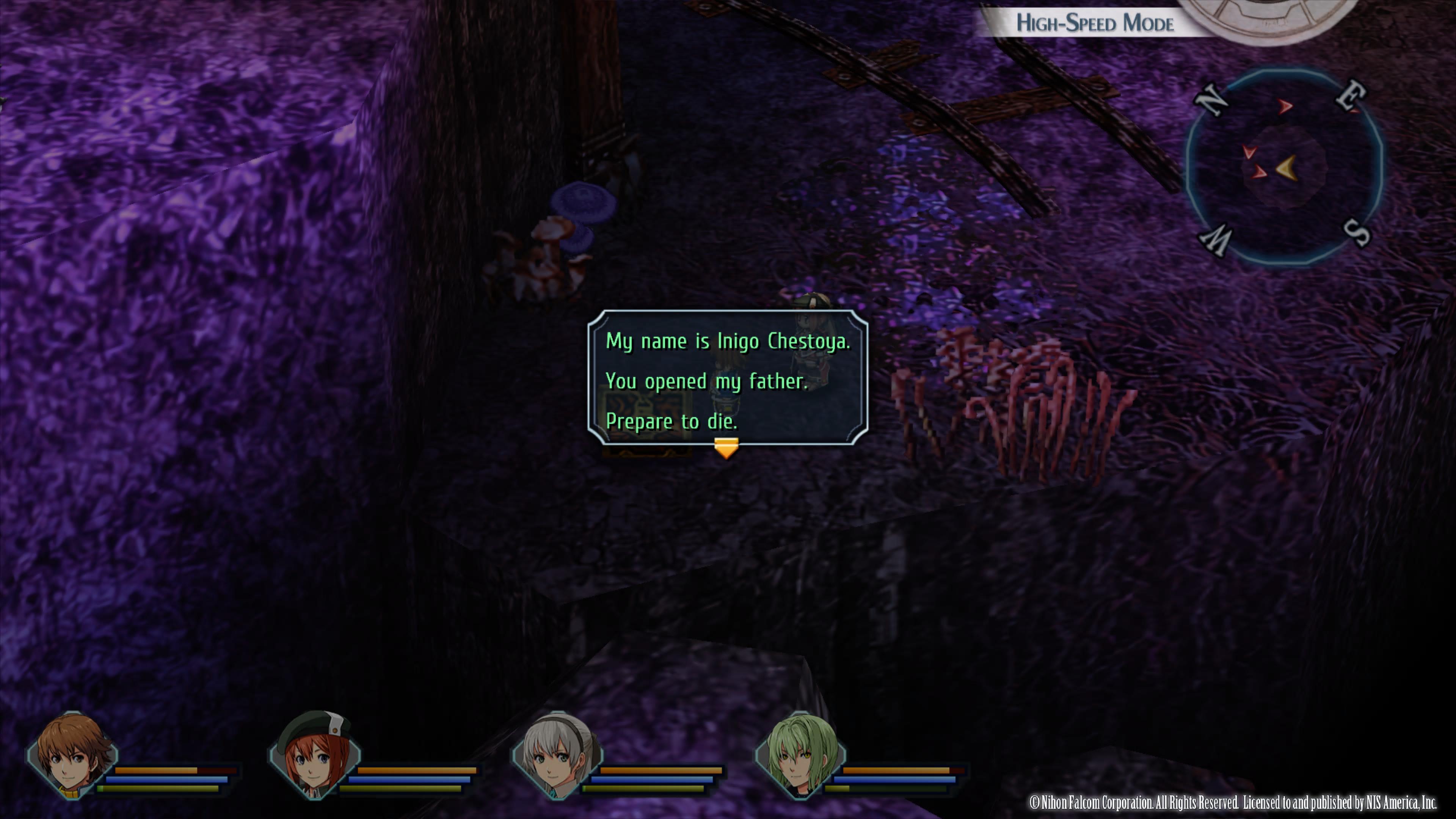 Trails to Azure review - a chest making a joke in a dark cave