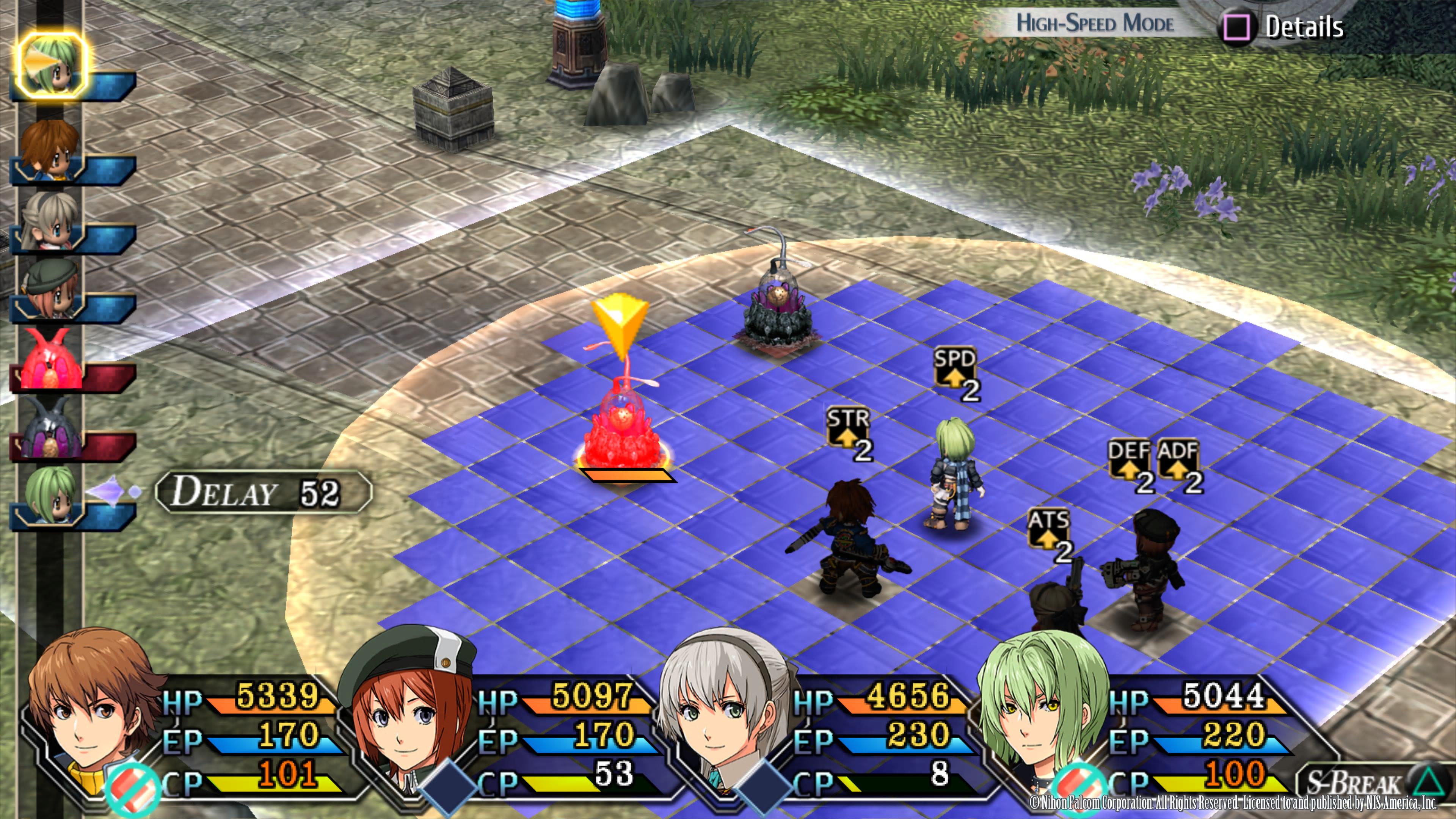 Trails to Azure review - Party battle screen showing range as blue grid