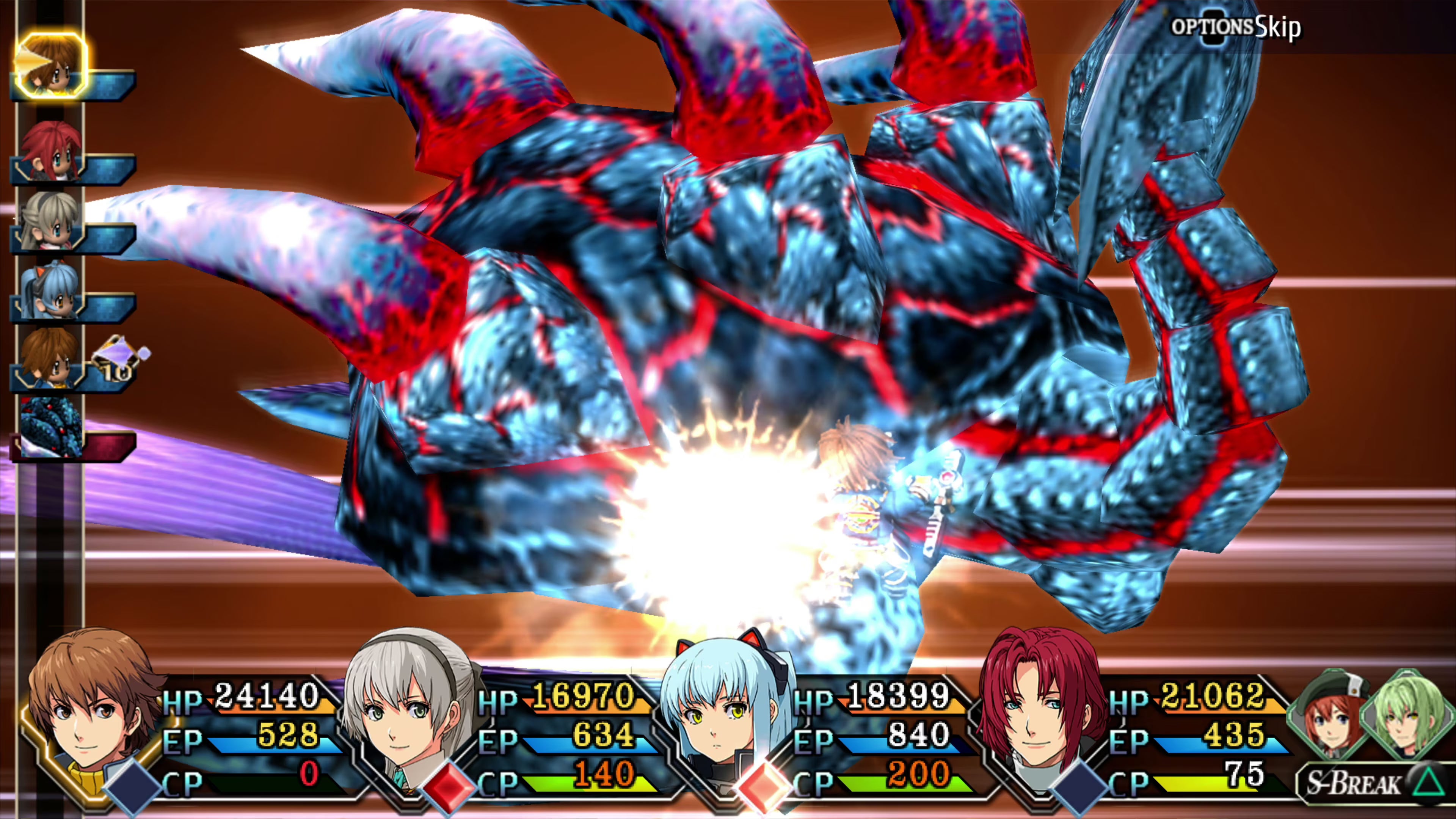 Trails to Azure review - a chaotic combat screen with giant blue and red monster