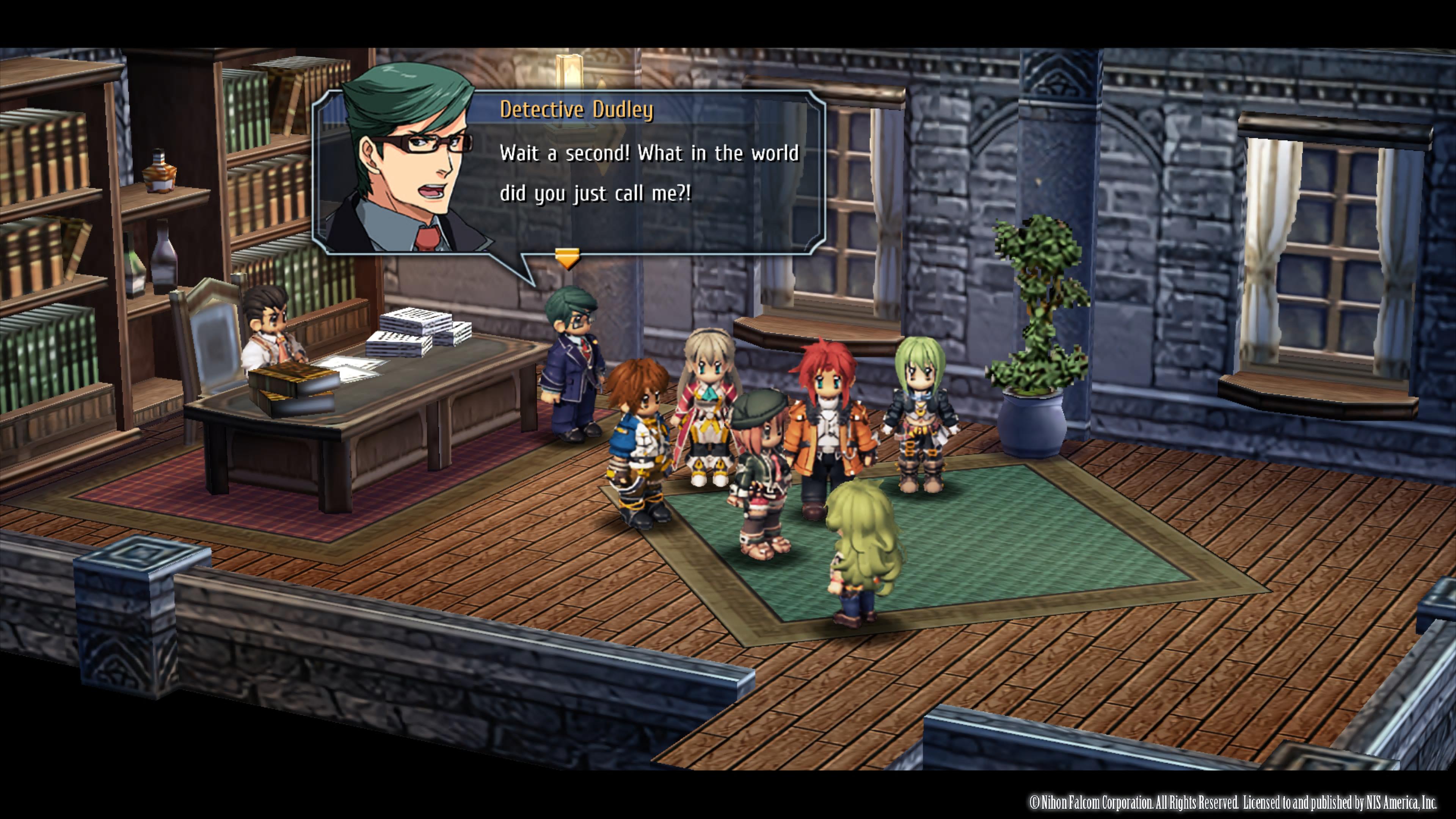 Trails to Azure review - the party charts with a man behind a large desk in a study