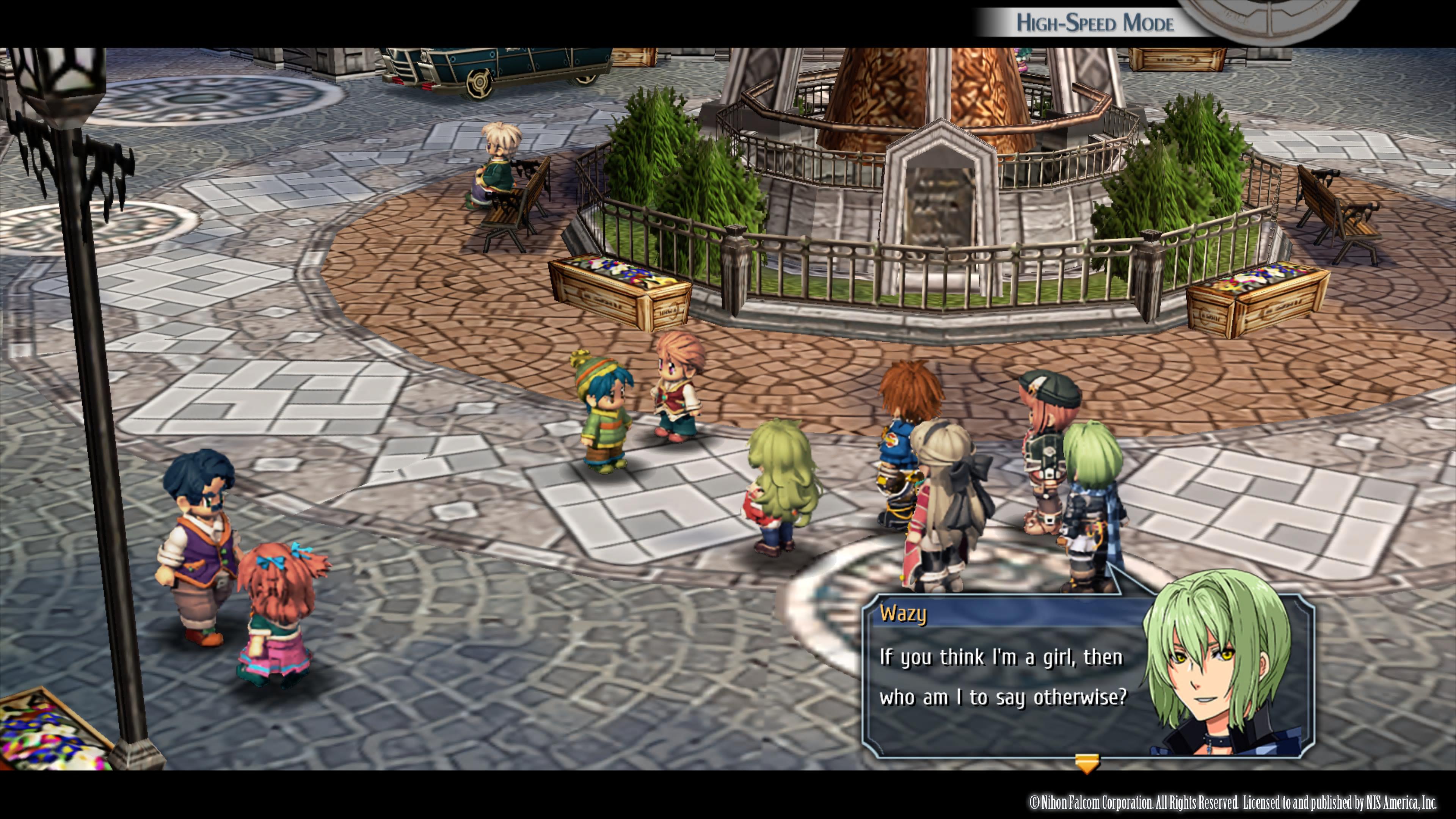 Trails to Azure review - the party chats to some NPCs in a circular plaza on cobbled streets