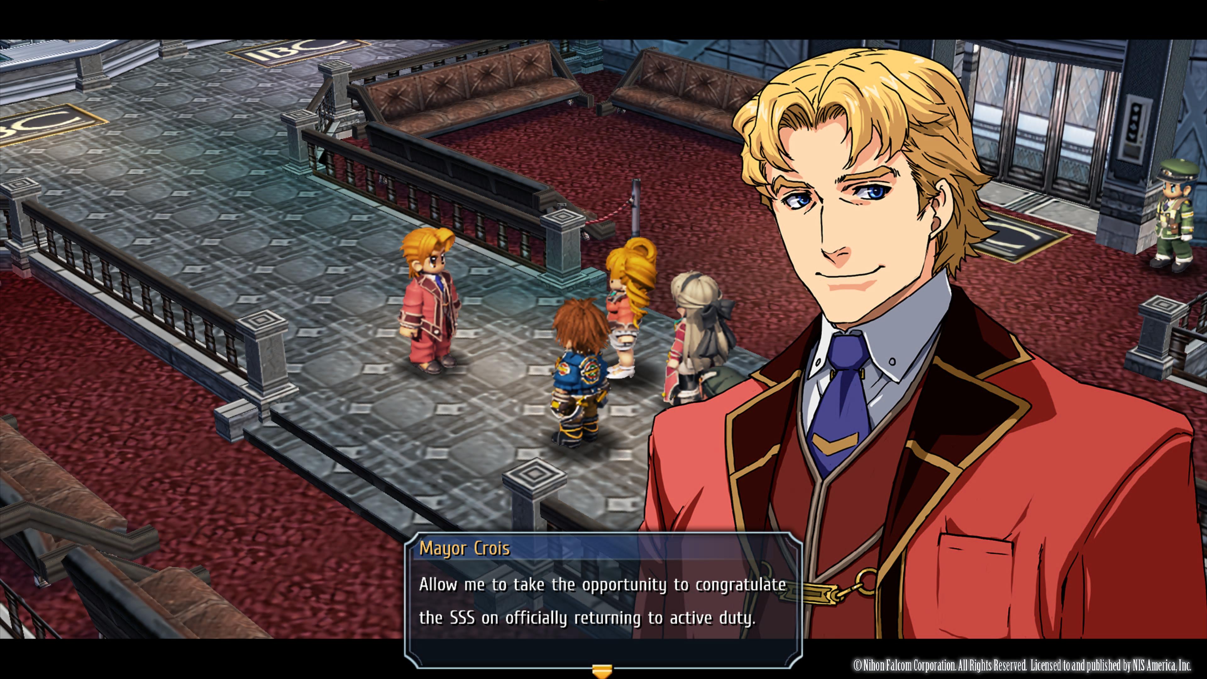 Trails to Azure review - the party talks to a suave man in a red suit, who appears as a character portrait during dialogue