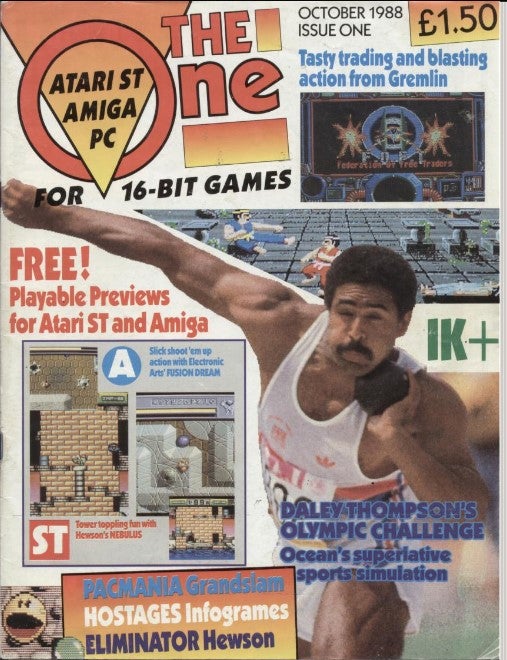 Issue one of The One magazine.  Daley Thompson prepares for a shot put throw, surrounded by screenshots and advertisements for the game covered in this issue.
