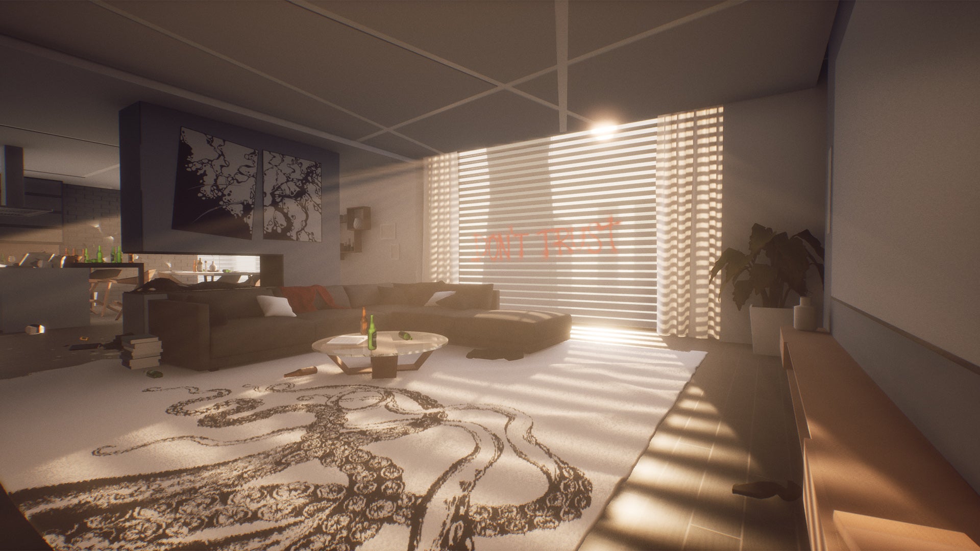 The living area of a stylish apartment, with the sun busting through the blinds. There's writing on those blinds, telling the player not to trust people.