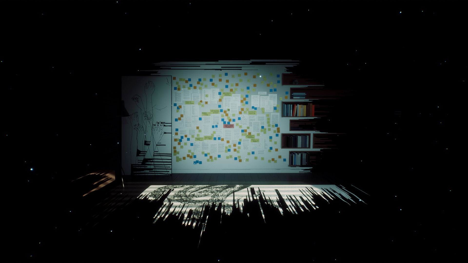 A bedroom almost completely in the dark with a board on the wall and many notes and tokens stuck to it. Someone is mapping something big.