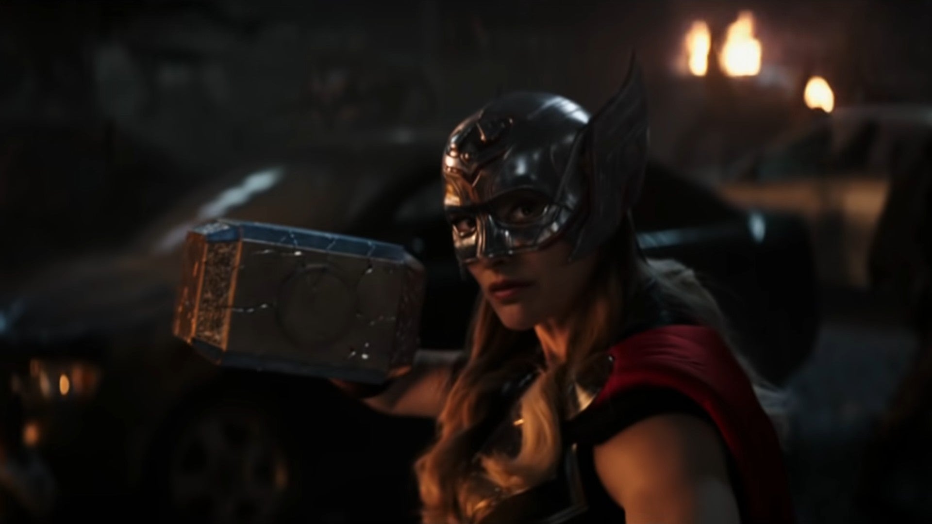 Still from Love and Thunder trailer of Natalie Portman as Jane Foster/The Mighty Thor