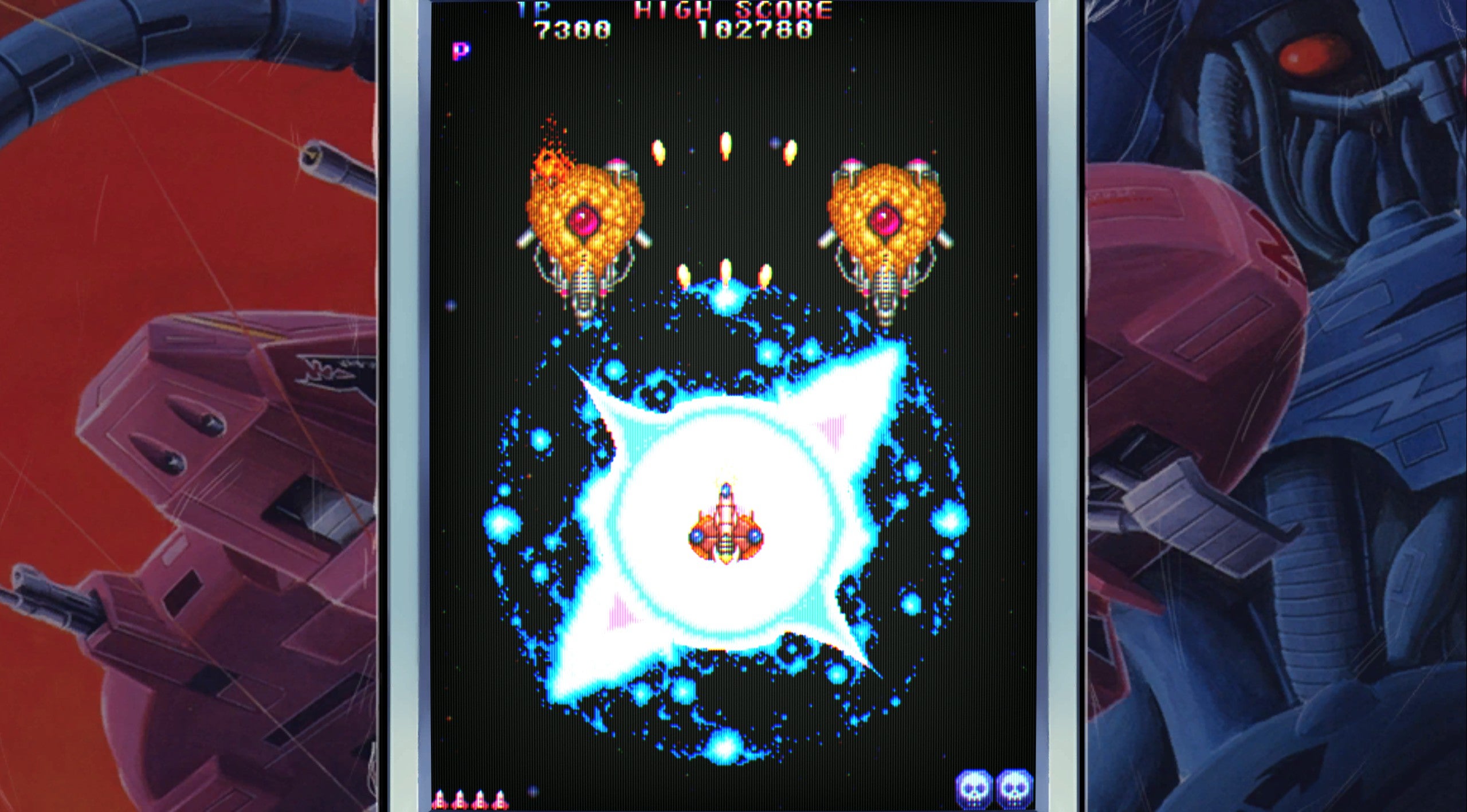 Toaplan Arcade Review - Truxton in action, with a bright light surrounding your character on the center screen