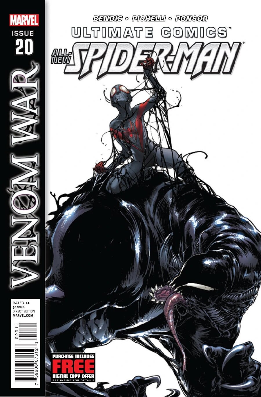 Cover of Ultimate Comics Spiderman featuring Miles Morales fighting Venom
