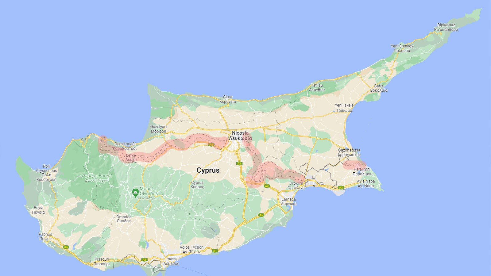 Cyprus's UN buffer zone, highlighted in red.
