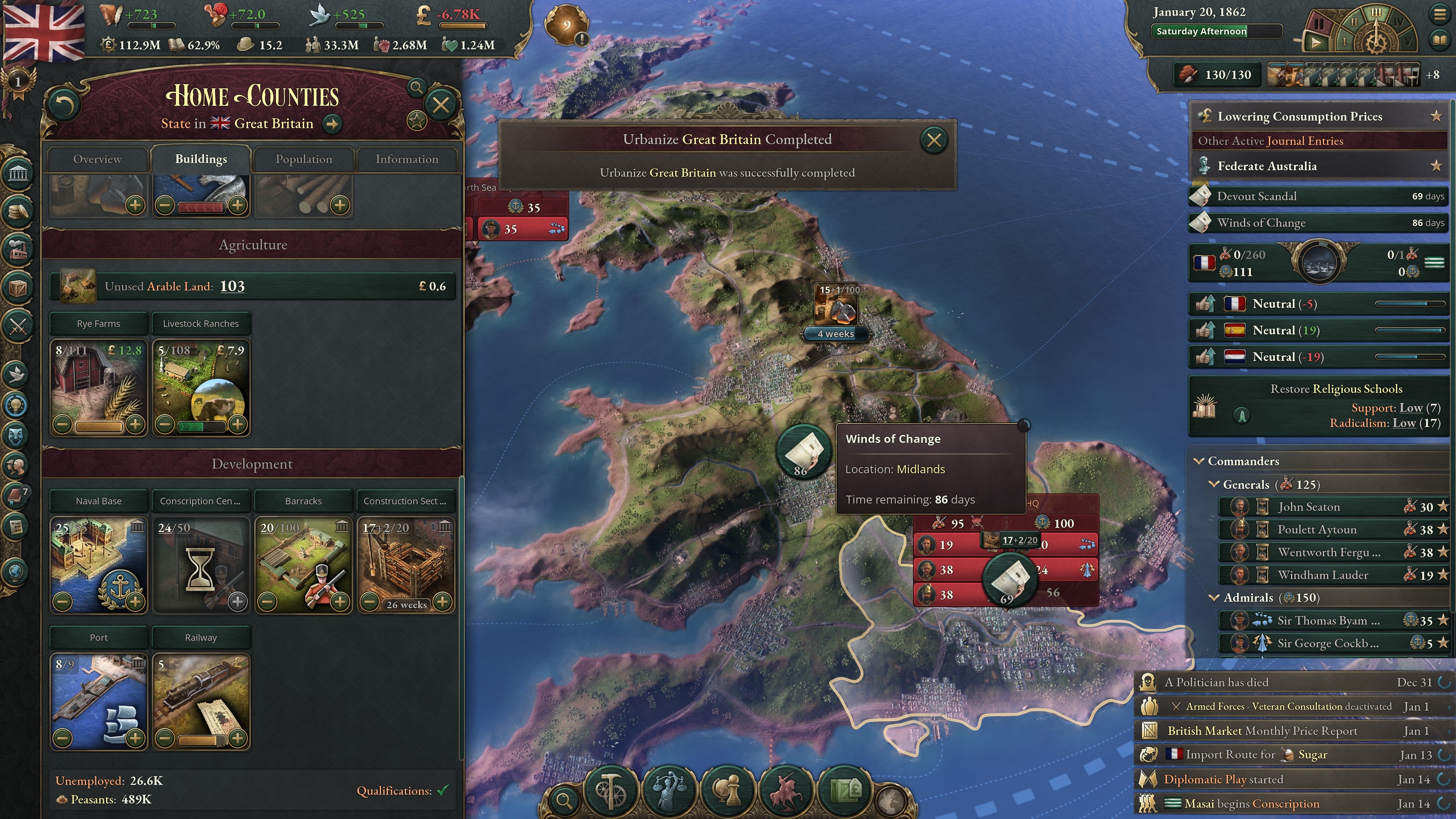 Victoria 3 review - A view of Britain, with UI on the left focusing on the Home Counties and your many options