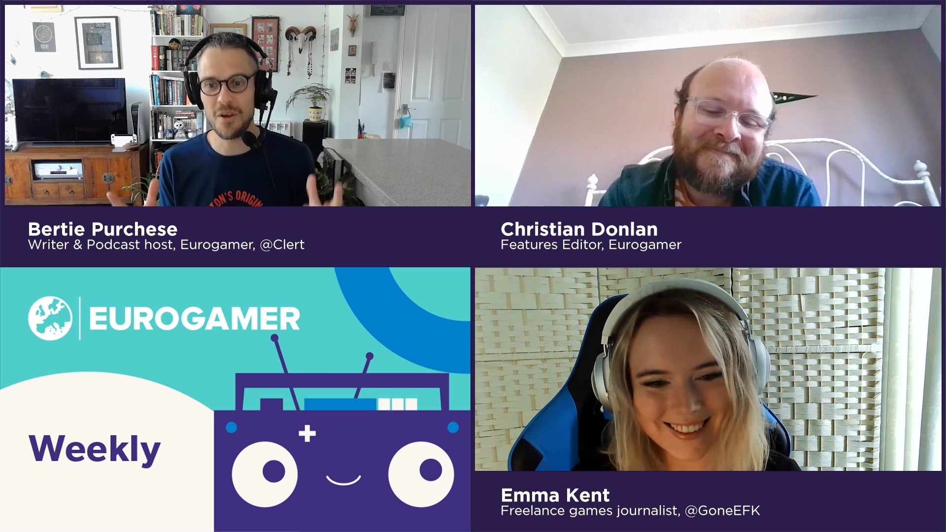 A still from a podcast call. Bertie, Christian and Emma Kent all smile over some joke or other.