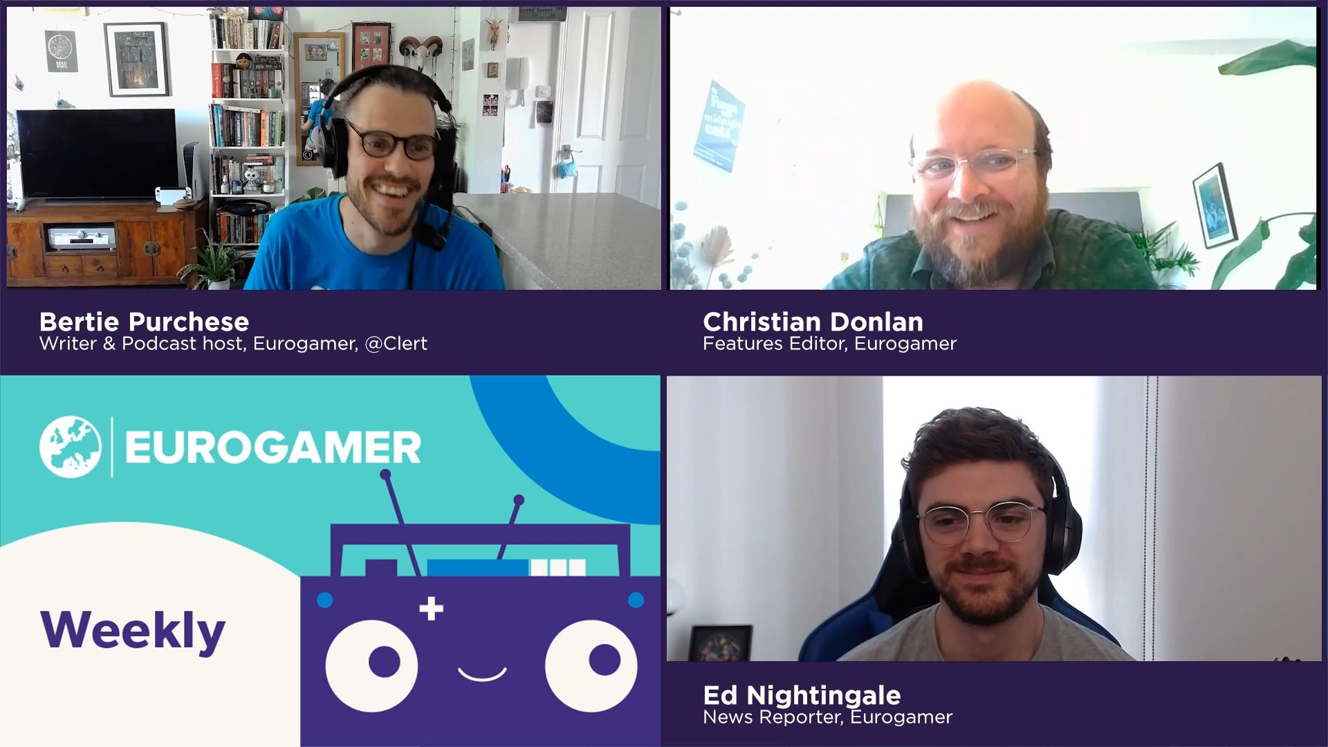 Bertie, Christian Donlan and Ed Nightingale are on a video podcast call together, and they're all laughing, having a jolly good time.