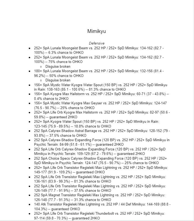 Wolfe Glick's notes - damage calculations for Mimikyu, one page