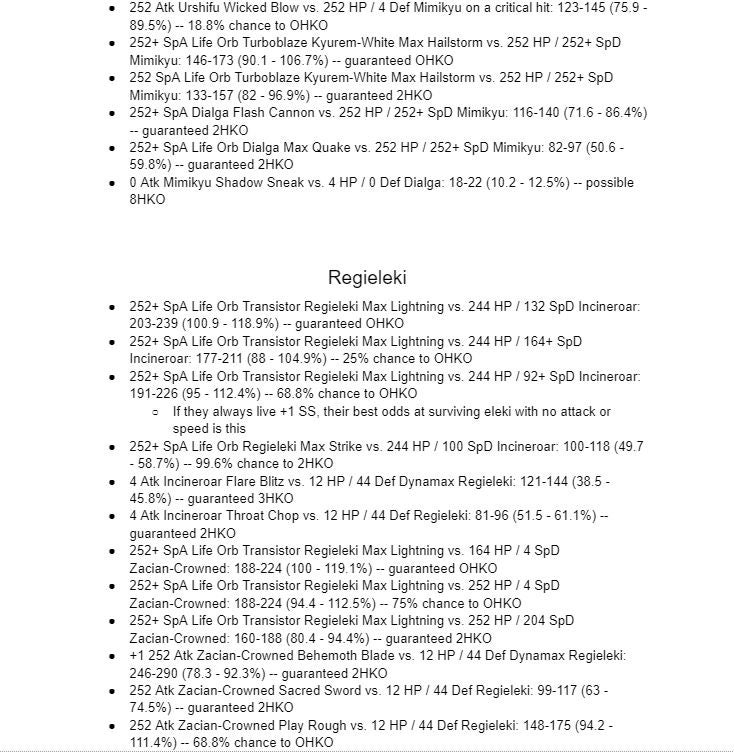 Wolfe Glick's notes - damage calculations for Regieleki, one page