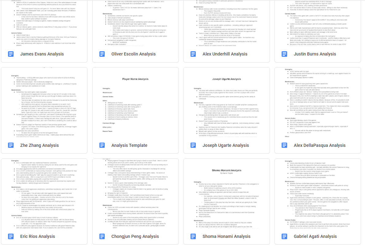 Wolfe Glick's notes - a screenshot of twelve documents in his Player Analysis folder, one for each opponent