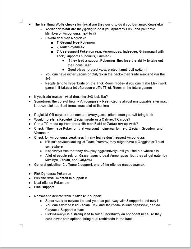 Wolfe Glick's notes - a screenshot of a page from his Team Preview doc